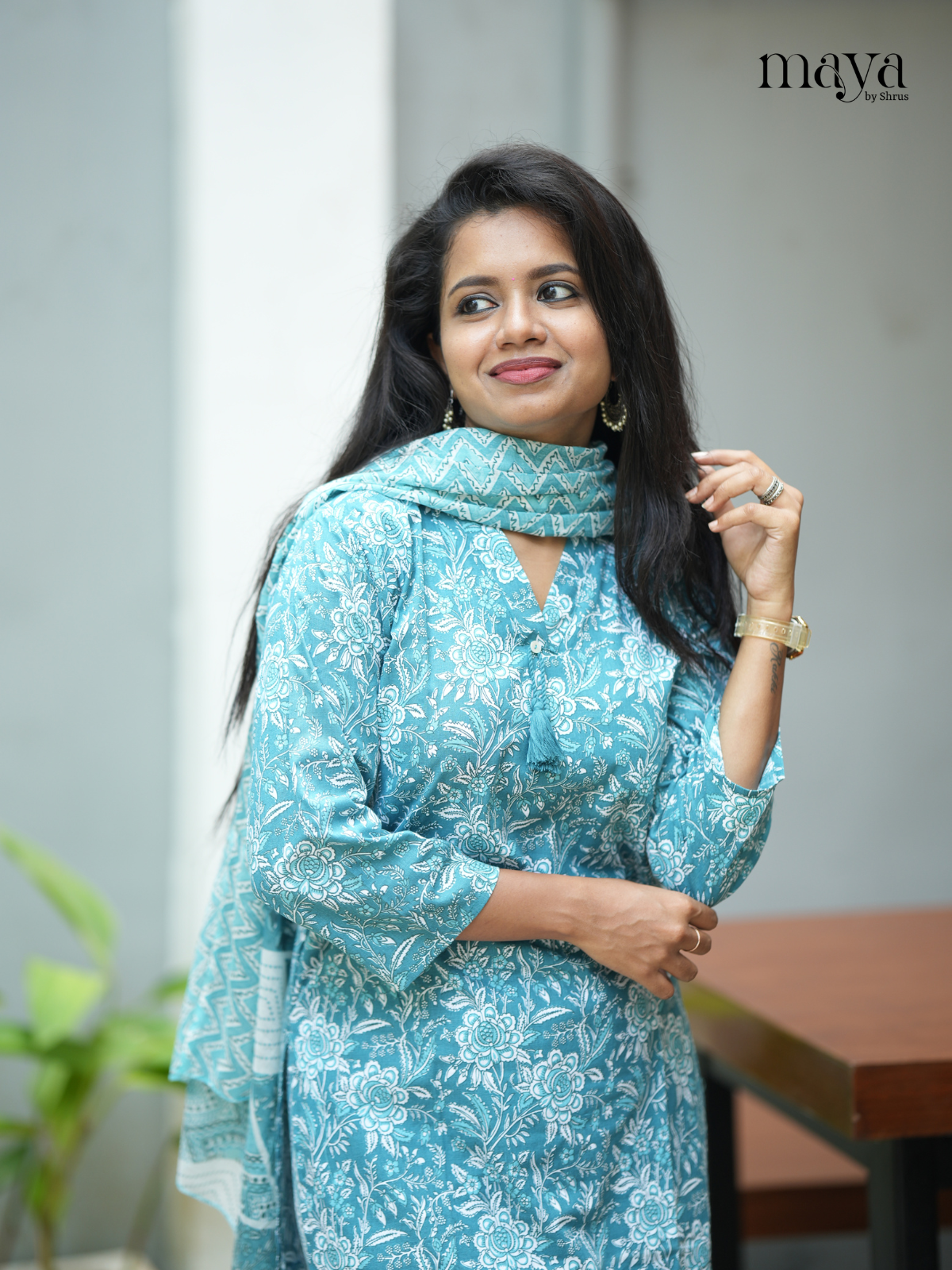 Peacock Blue Cotton 3pc Salwar Suit with Floral Print - Top, Bottom & Dupatta