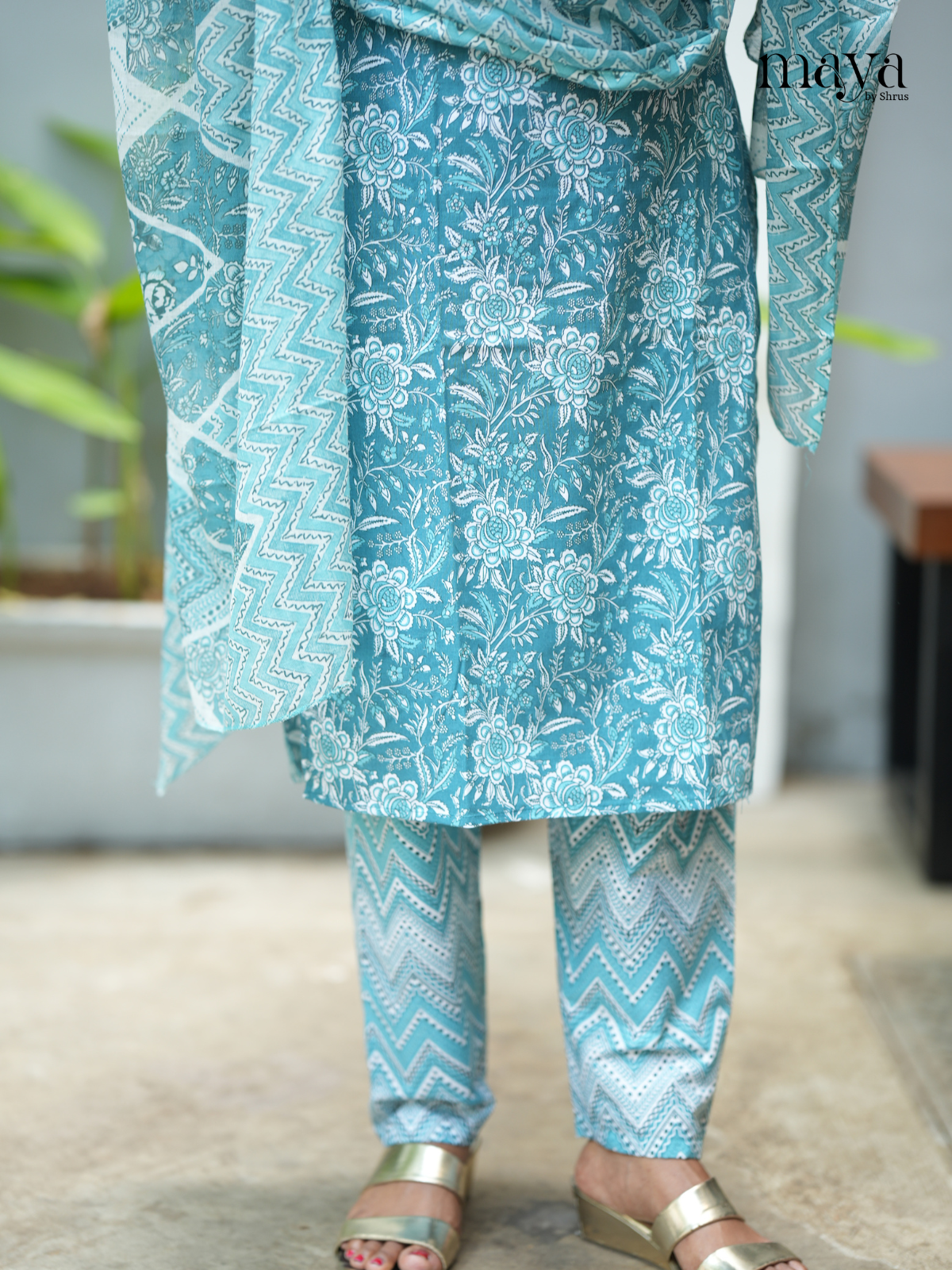 Peacock Blue Cotton 3pc Salwar Suit with Floral Print - Top, Bottom & Dupatta