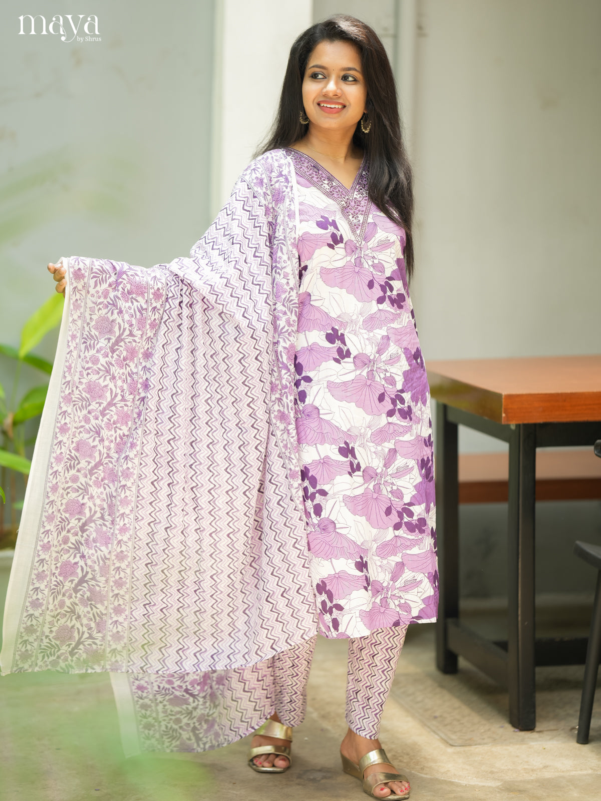 Light Purple Cotton 3pc Salwar Suit with Floral Print - Top, Bottom & Dupatta