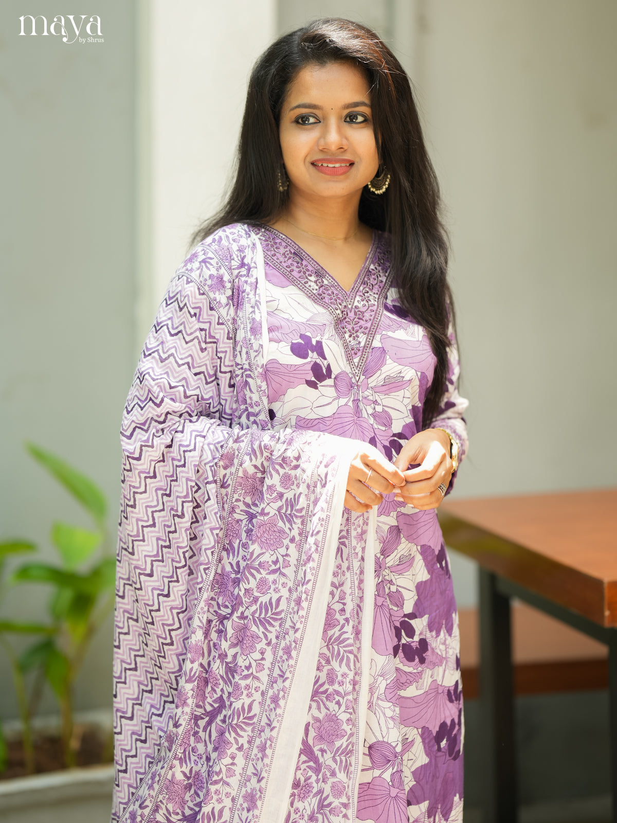 Light Purple Cotton 3pc Salwar Suit with Floral Print - Top, Bottom & Dupatta