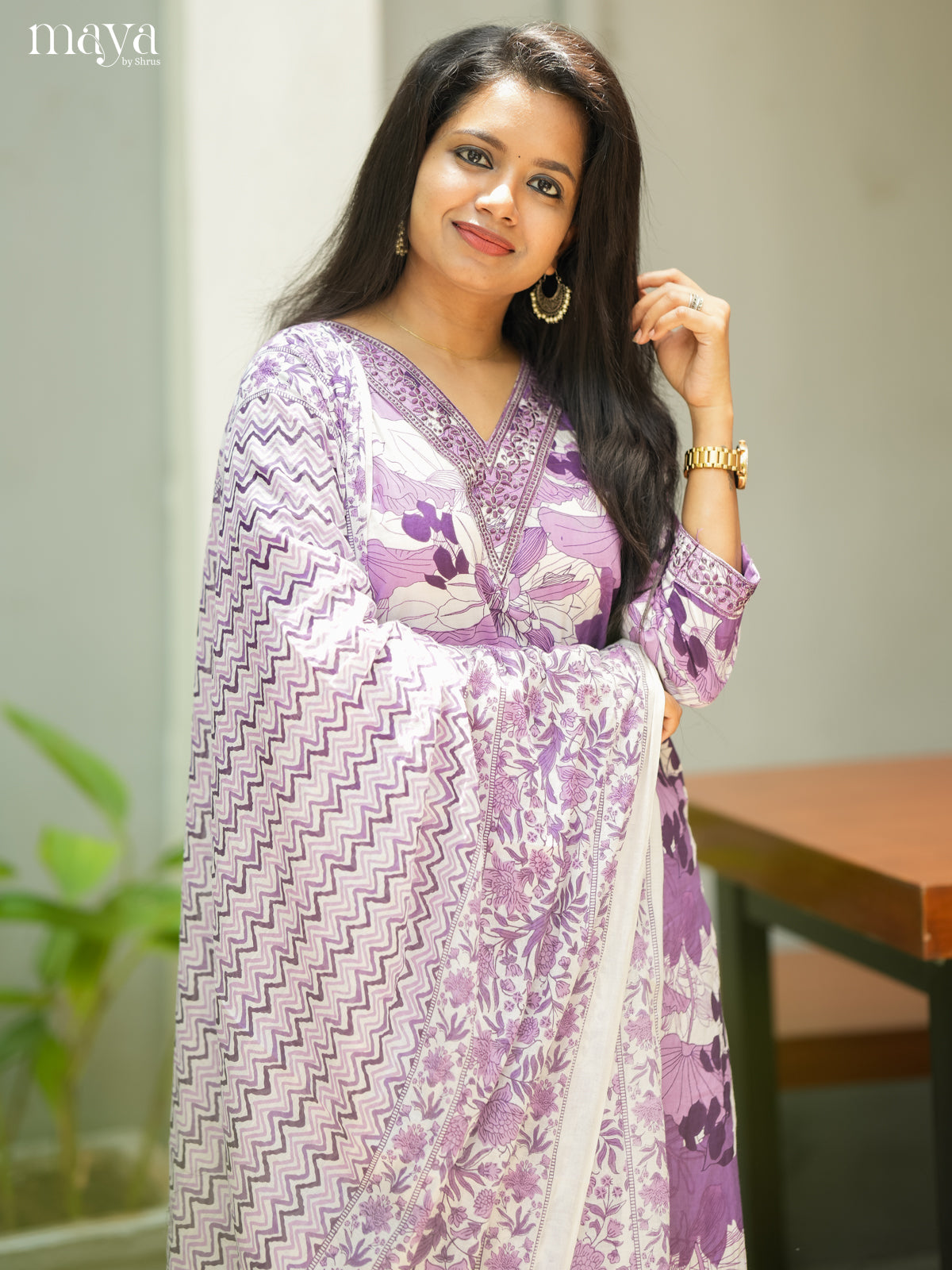 Light Purple Cotton 3pc Salwar Suit with Floral Print - Top, Bottom & Dupatta