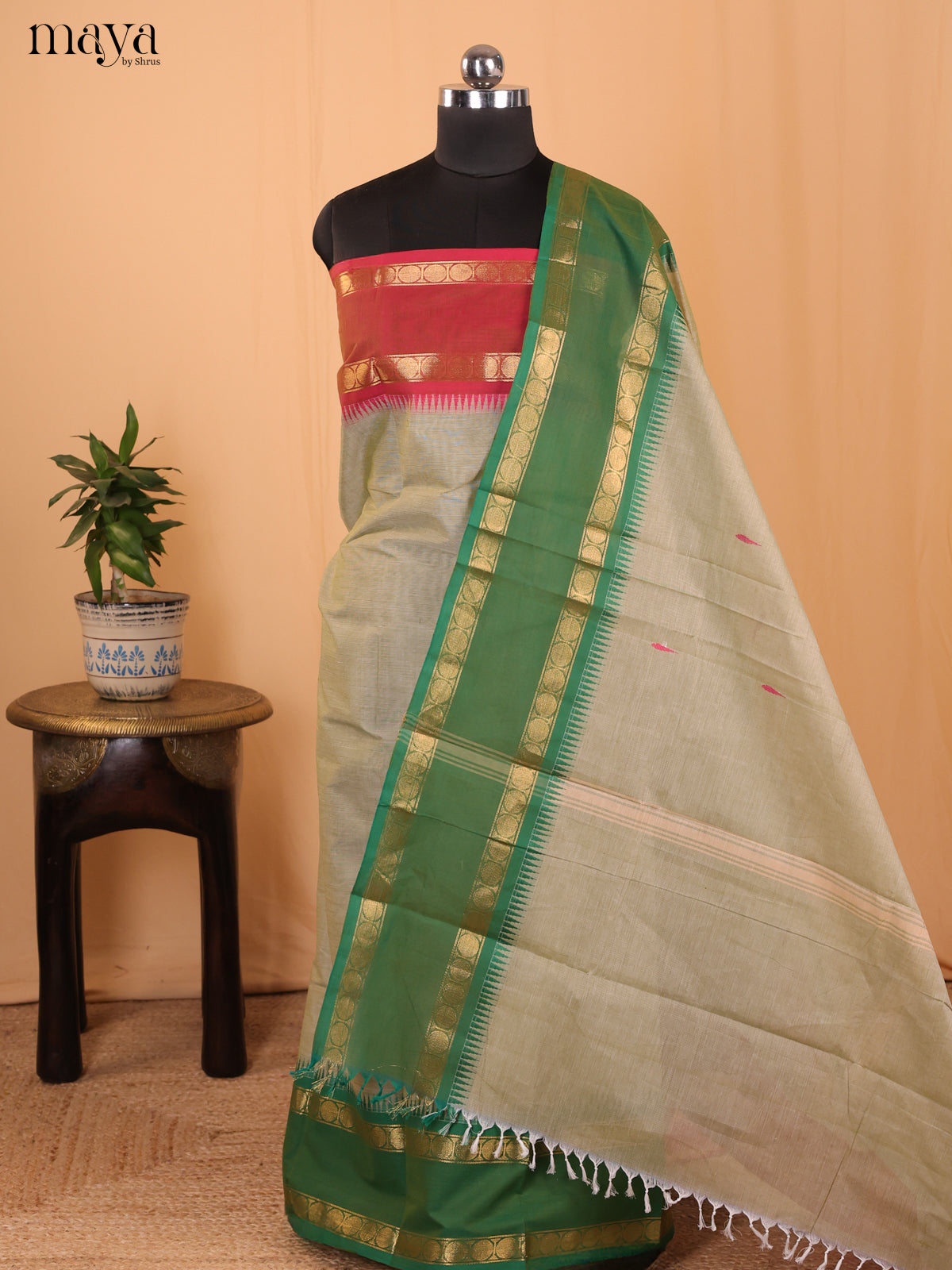 Grey & Green - Chettinad Cotton Unstitched Top & Dupatta - MCL18008