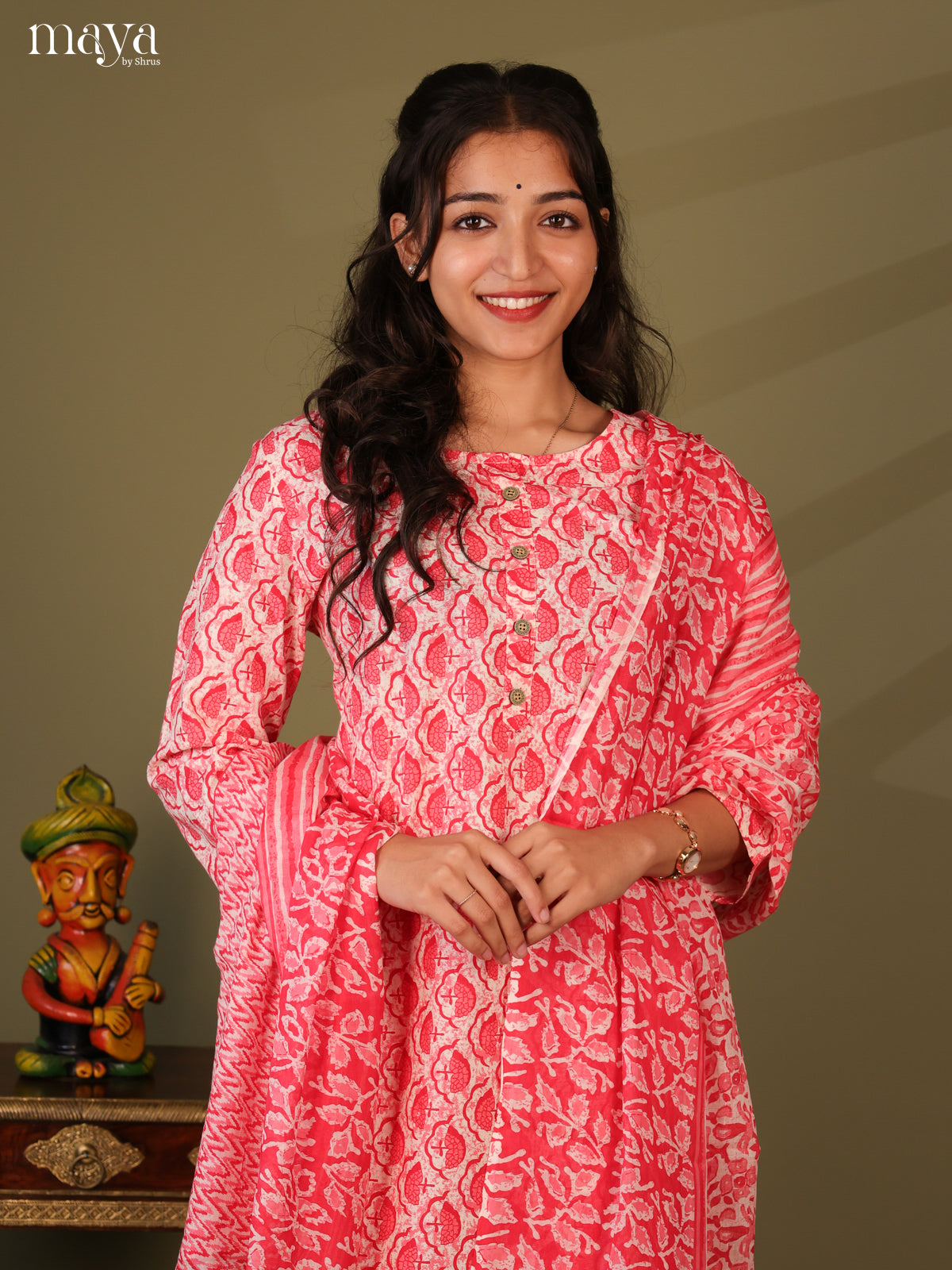 Red Cotton 3Pc Salwar Suit With Jaipuri Print - Top, Bottom & Dupatta