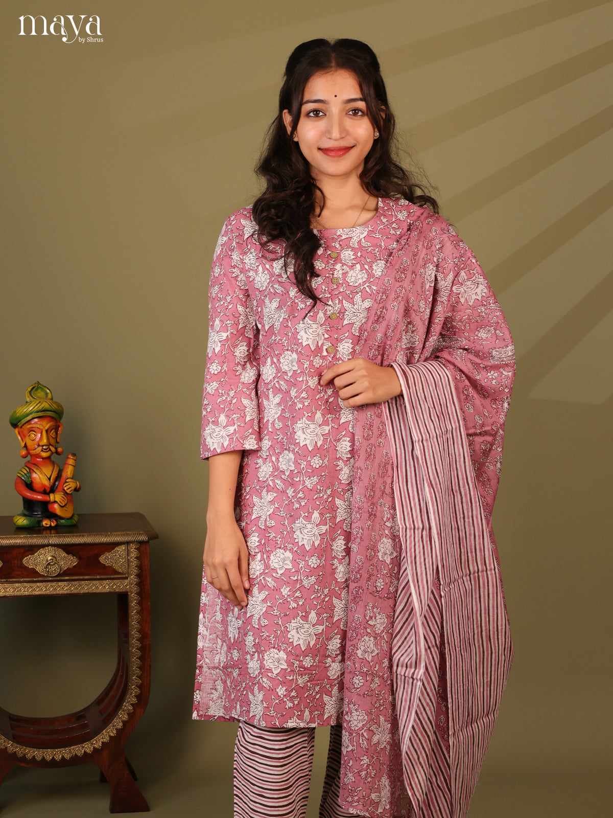 Pink Cotton 3pc Salwar Suit with Floral Print - Top, Bottom & Dupatta
