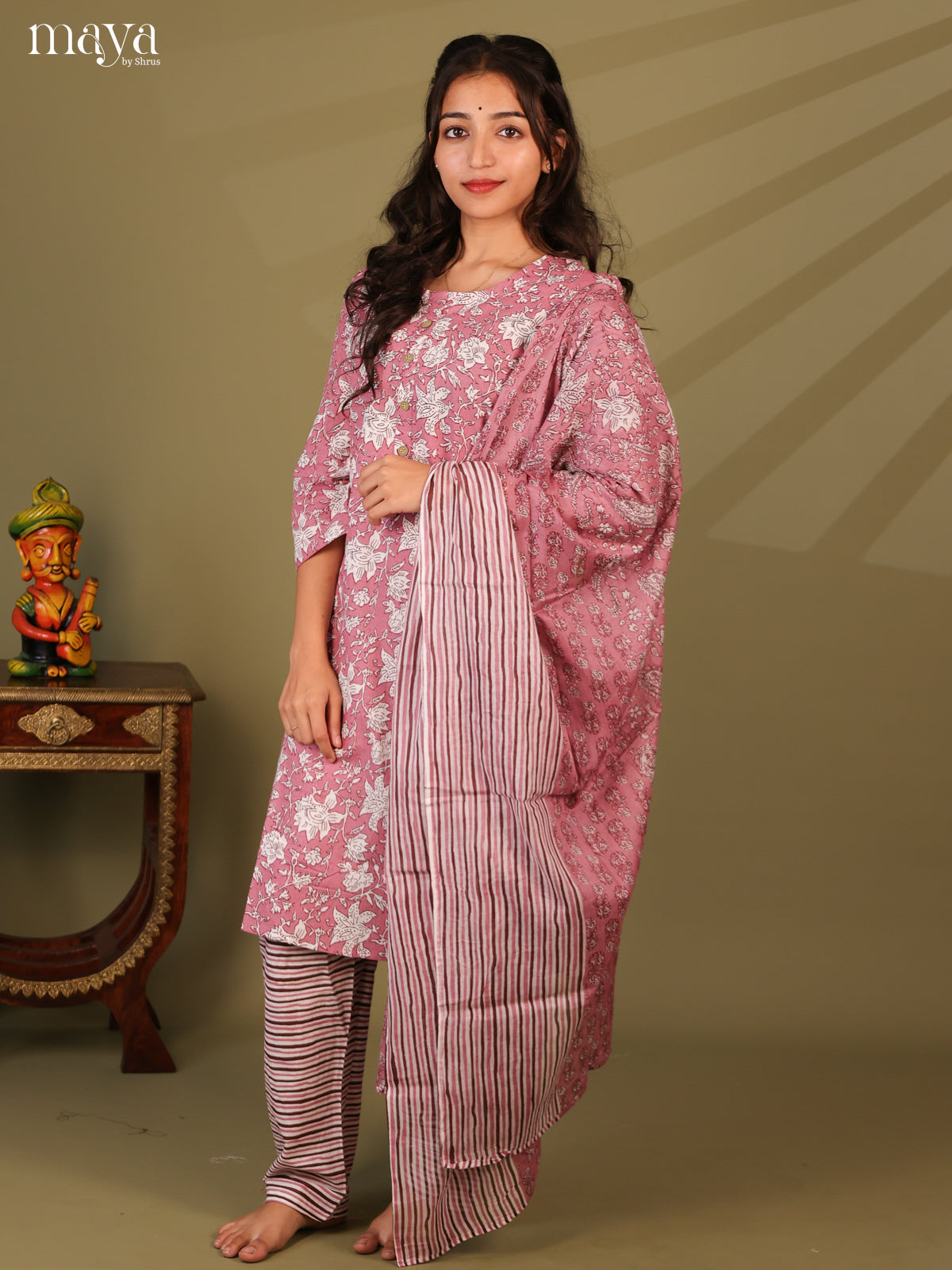 Pink Cotton 3pc Salwar Suit with Floral Print - Top, Bottom & Dupatta