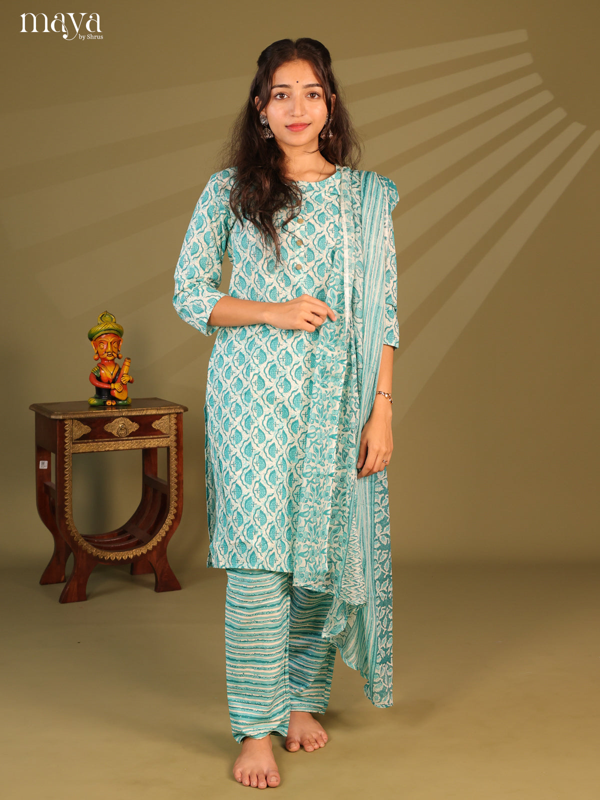Green Cotton 3pc Salwar Suit with Jaipur Print - Top, Bottom & Dupatta