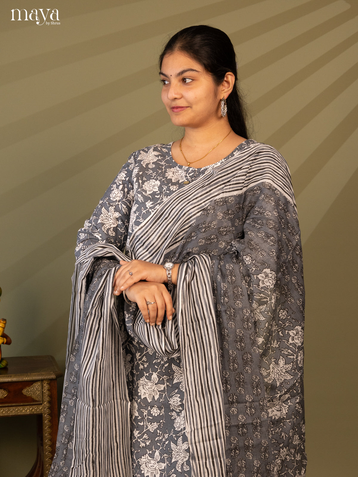 Grey Cotton 3pc Salwar Suit with Floral Print - Top, Bottom & Dupatta