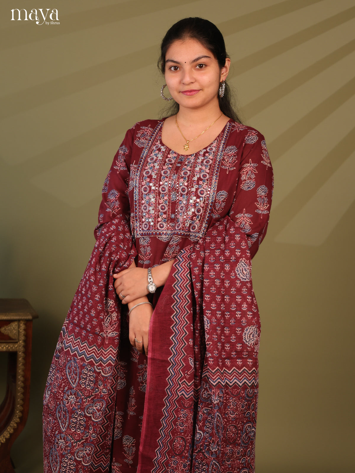 Maroon Cotton 3pc Salwar Suit with Ajrakh Print - Top, Bottom & Dupatta