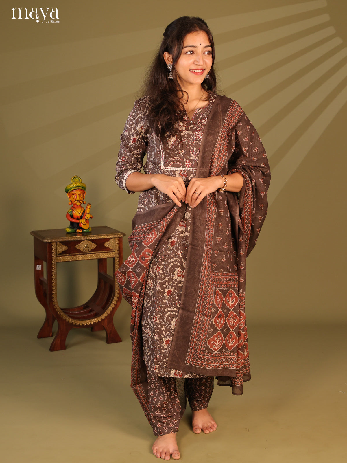 Brown Cotton 3pc Salwar Suit with Floral Print - Top, Bottom & Dupatta