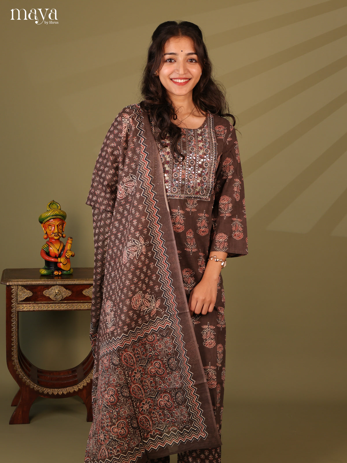 Brown Cotton 3pc Salwar Suit with Ajrakh Print - Top, Bottom & Dupatta