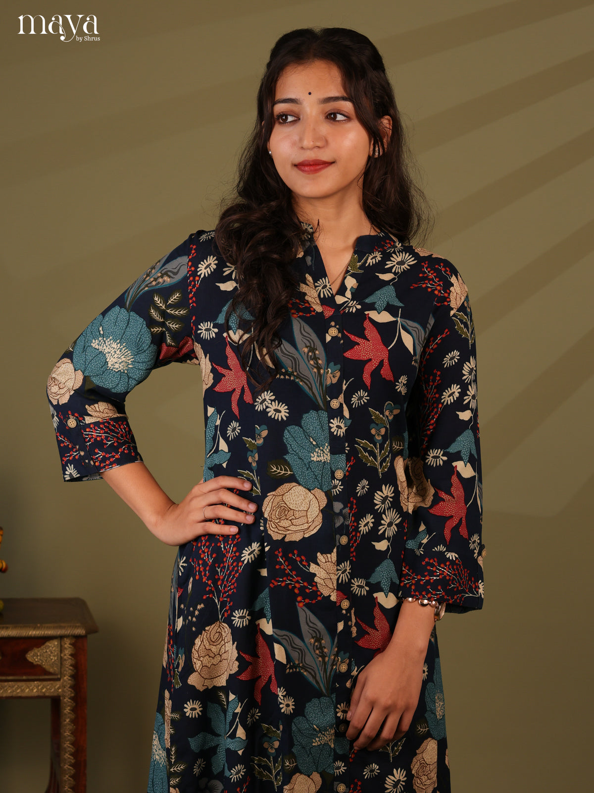 Floral Printed Blue Rayon Kurti