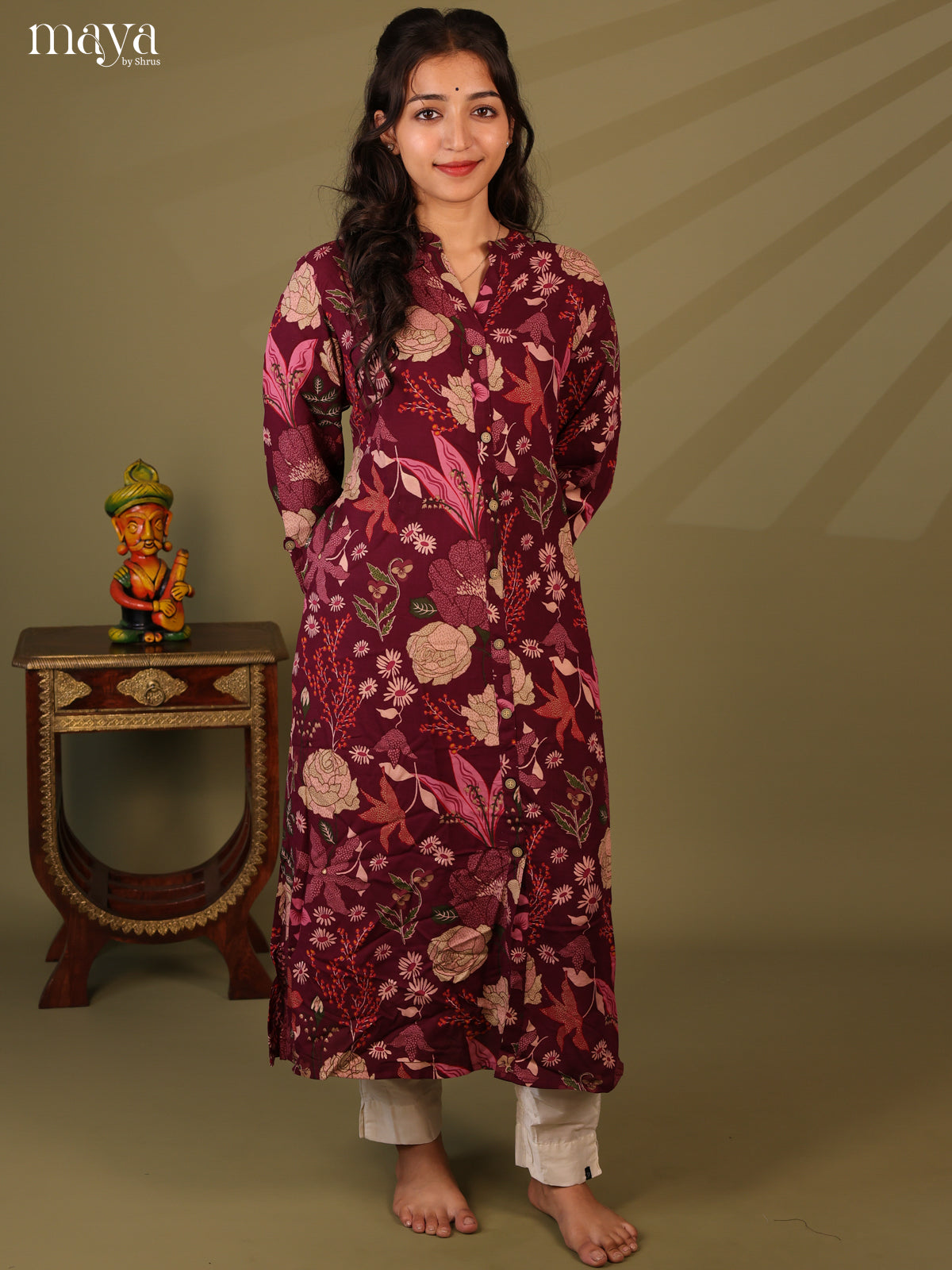 Floral Printed Wine Rayon Kurti