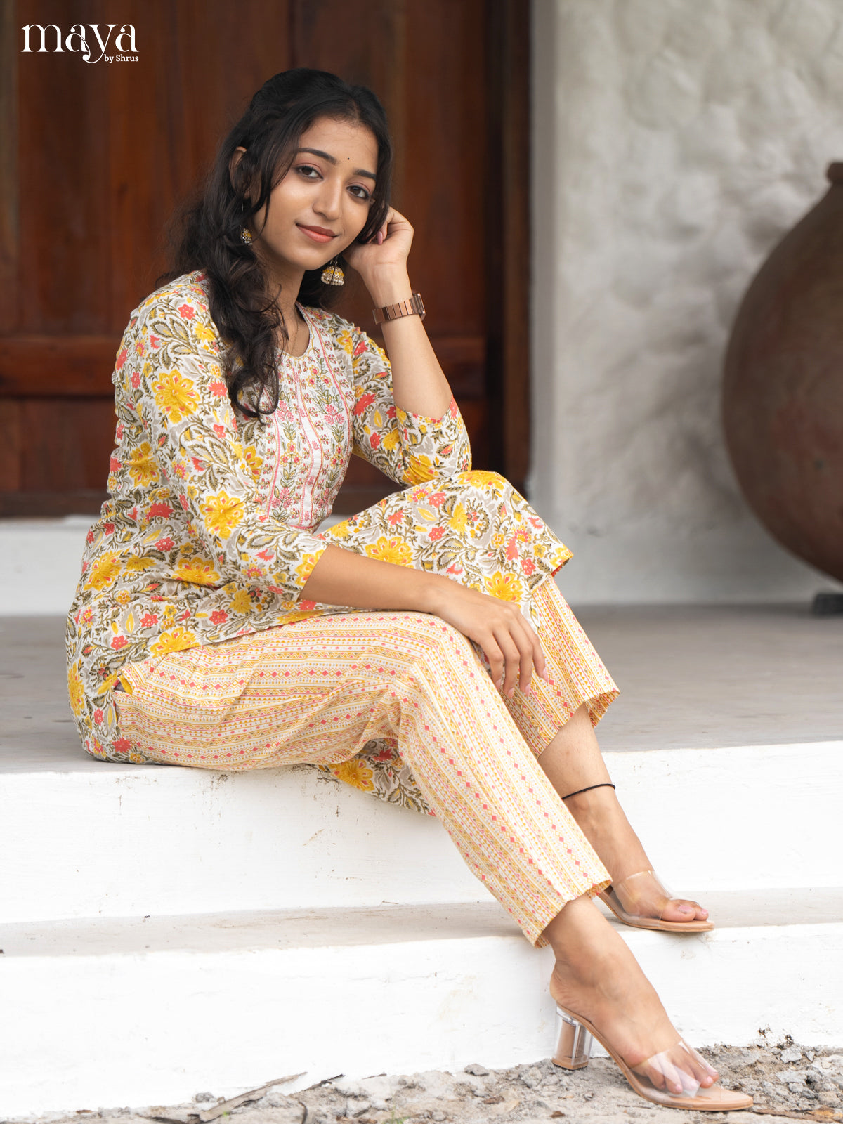 Cream Cotton 2Pc Salwar Suit With Floral Print - Top & Bottom