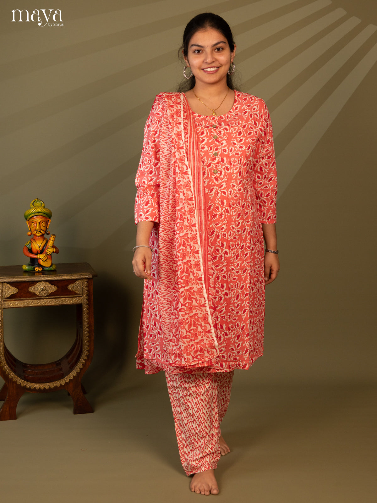 Peach Cotton 3pc Salwar Suit with Floral Print - Top, Bottom & Dupatta