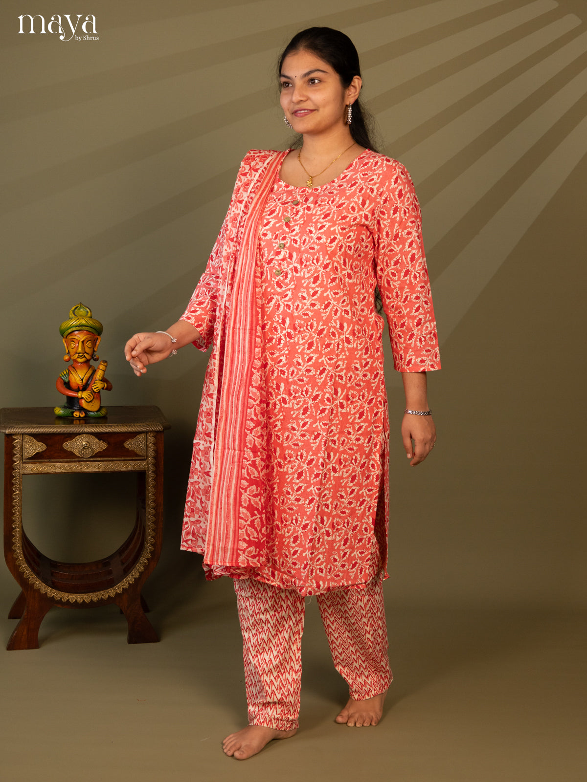 Peach Cotton 3pc Salwar Suit with Floral Print - Top, Bottom & Dupatta