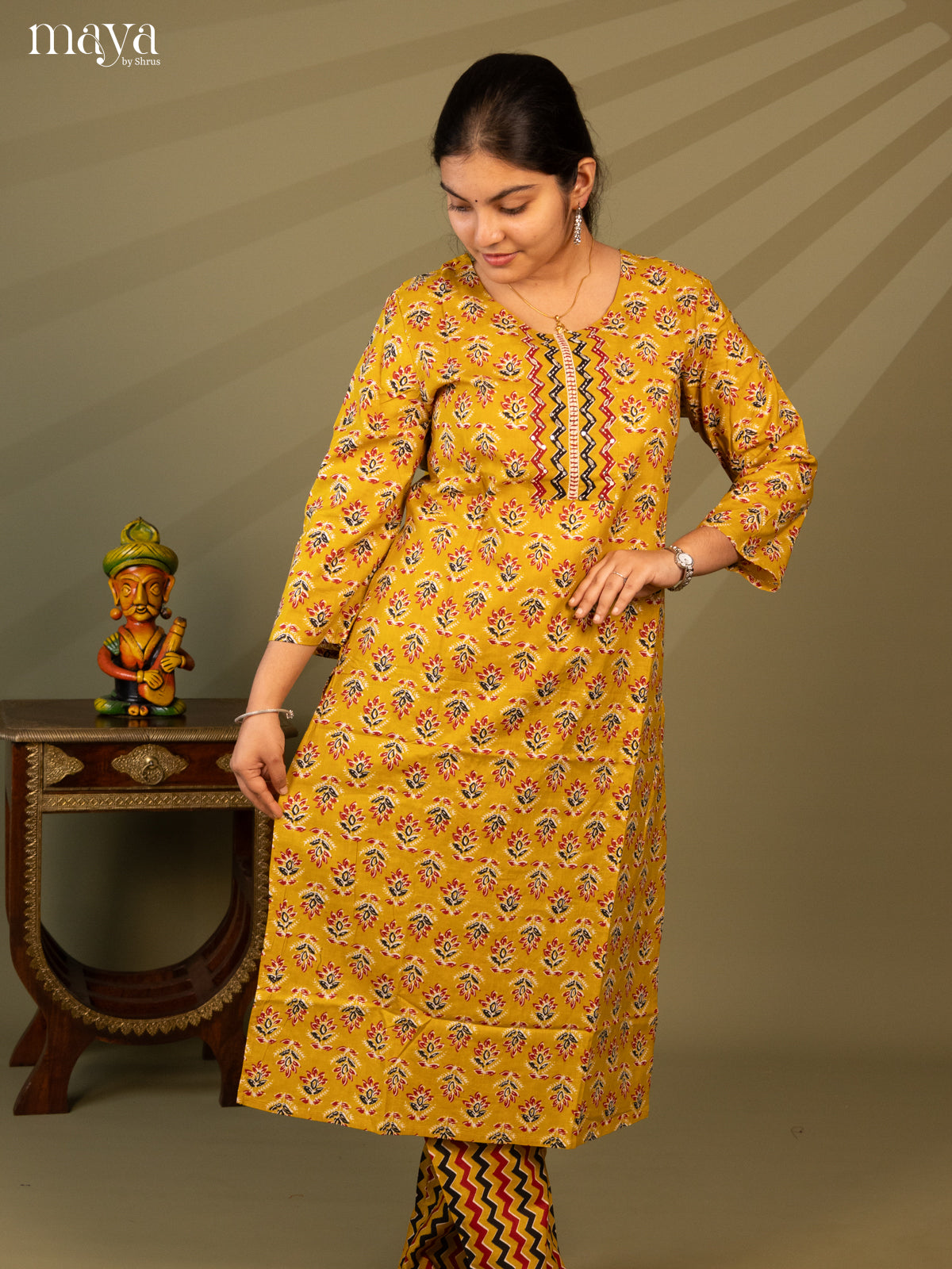 Mustard Cotton 2pc Salwar Suit With Floral Print - Top & Bottom