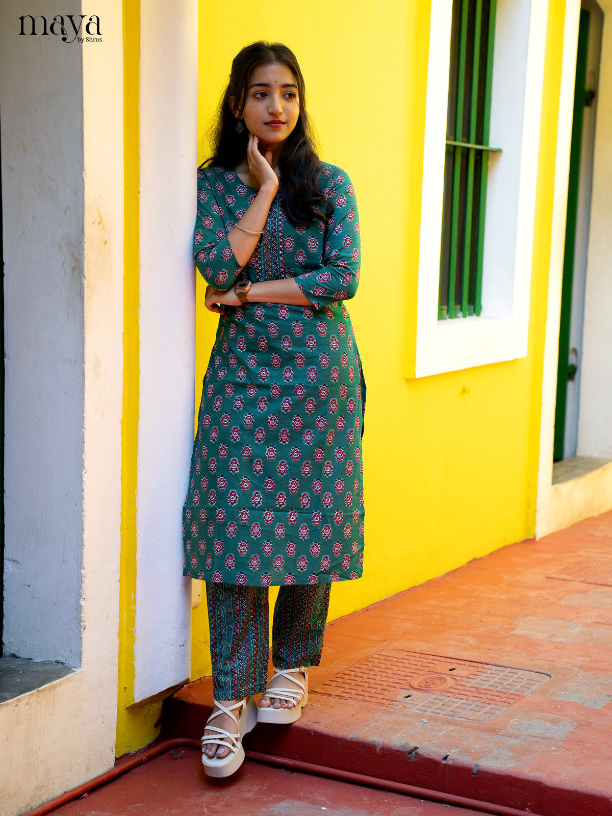 Green Cotton 2Pc Salwar Suit With Floral Print - Top & Bottom