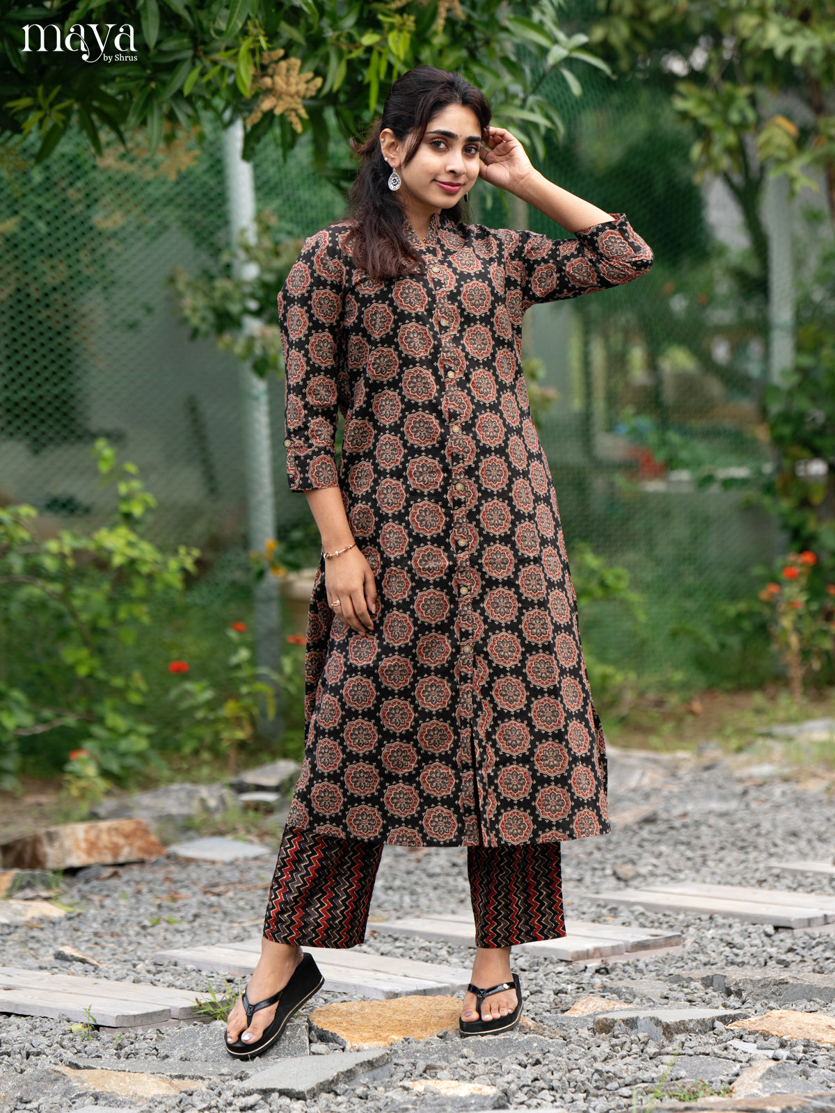 Brown Cotton 2Pc Salwar Suit with Ajrakh Print - Top & Bottom