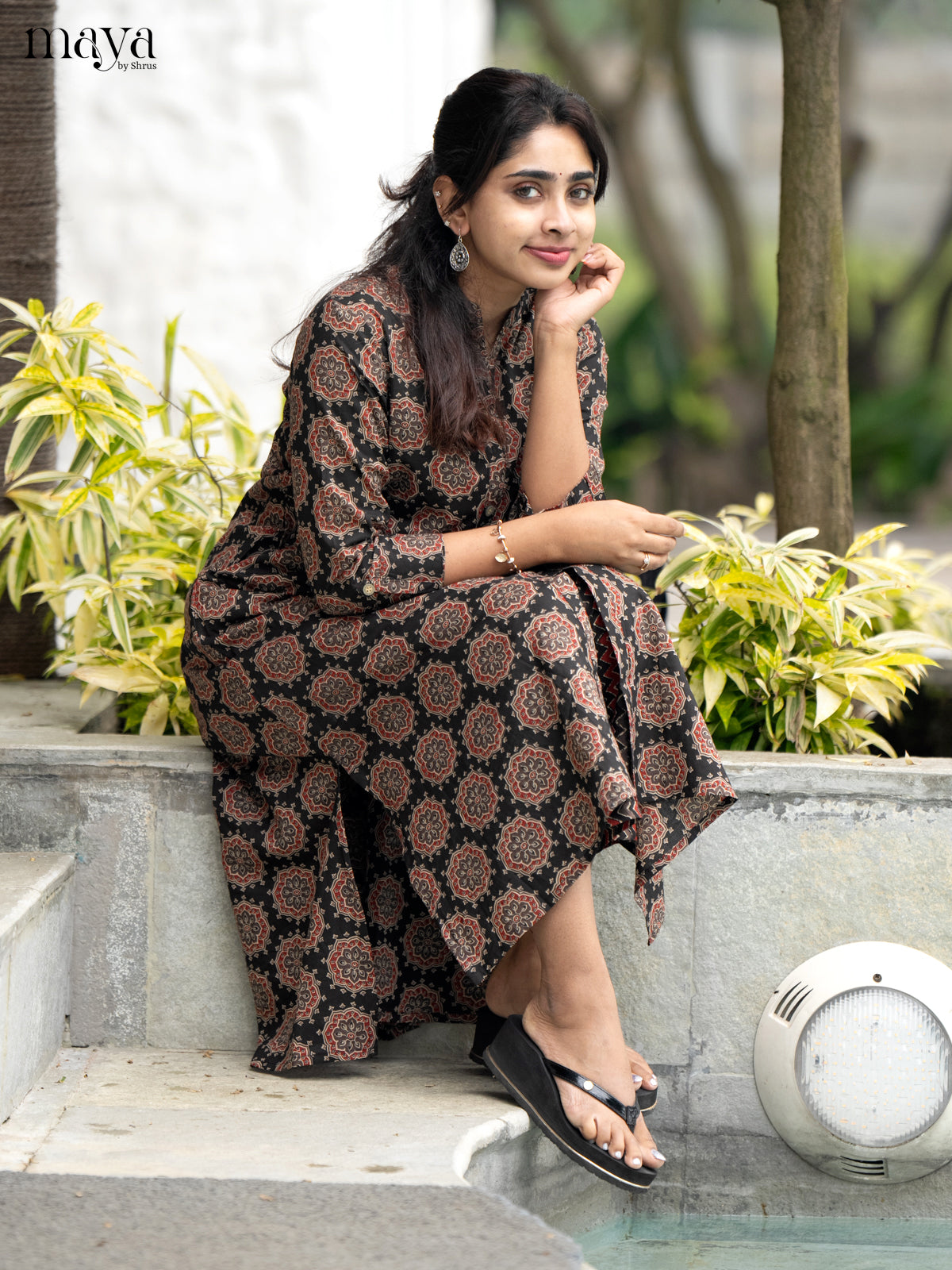Brown Cotton 2Pc Salwar Suit with Ajrakh Print - Top & Bottom