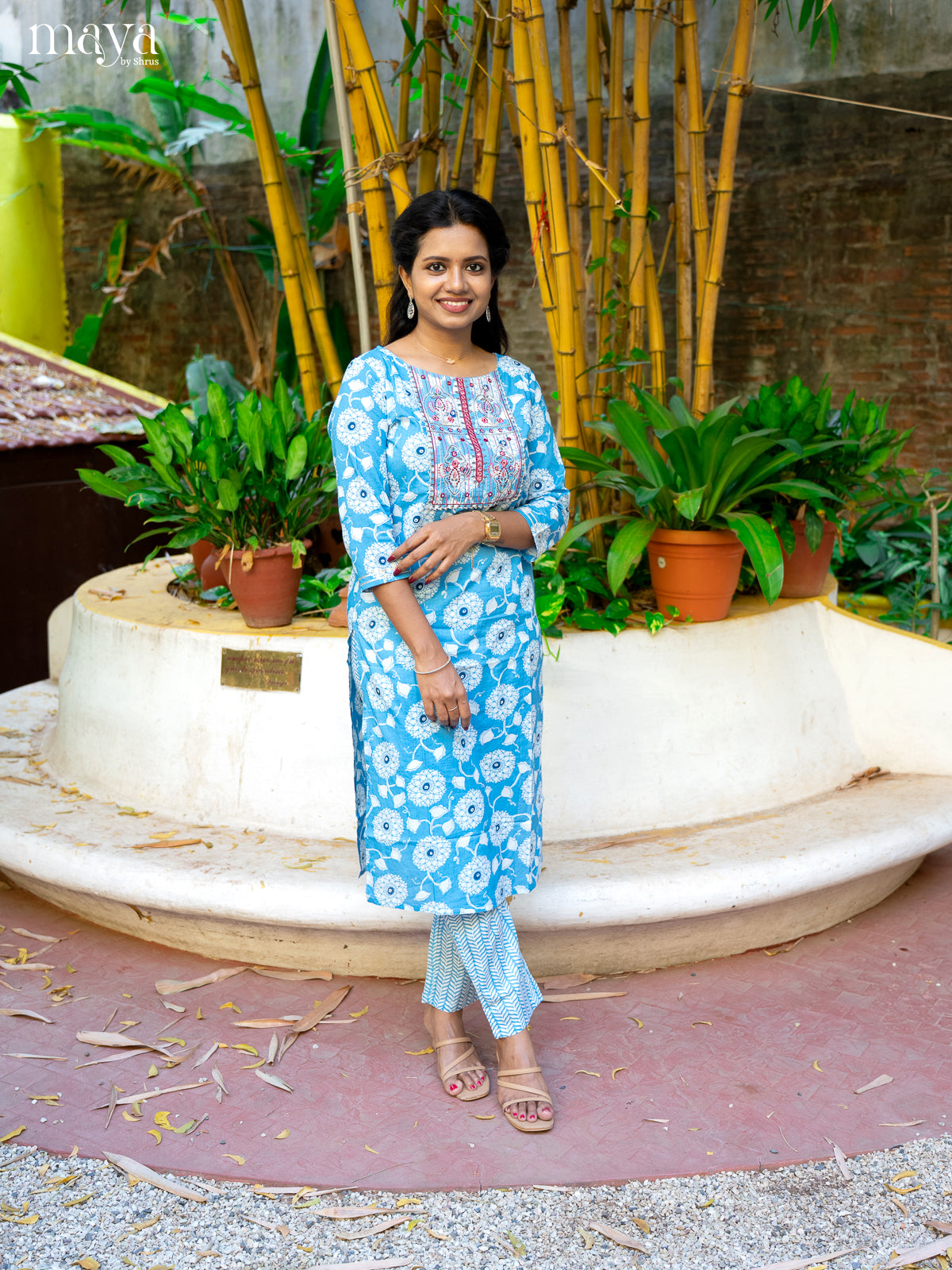 Blue Cotton 2pc Salwar Suit With Floral Print - Top & Bottom
