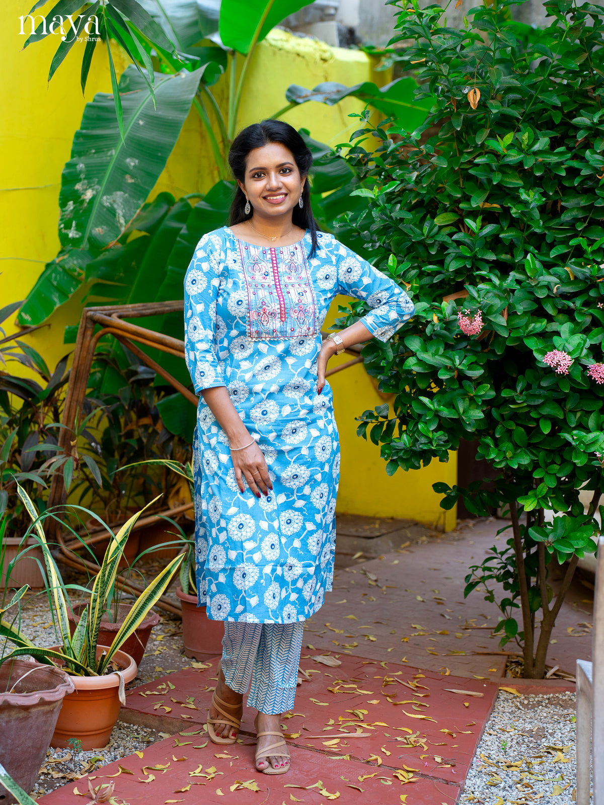 Blue Cotton 2pc Salwar Suit With Floral Print - Top & Bottom