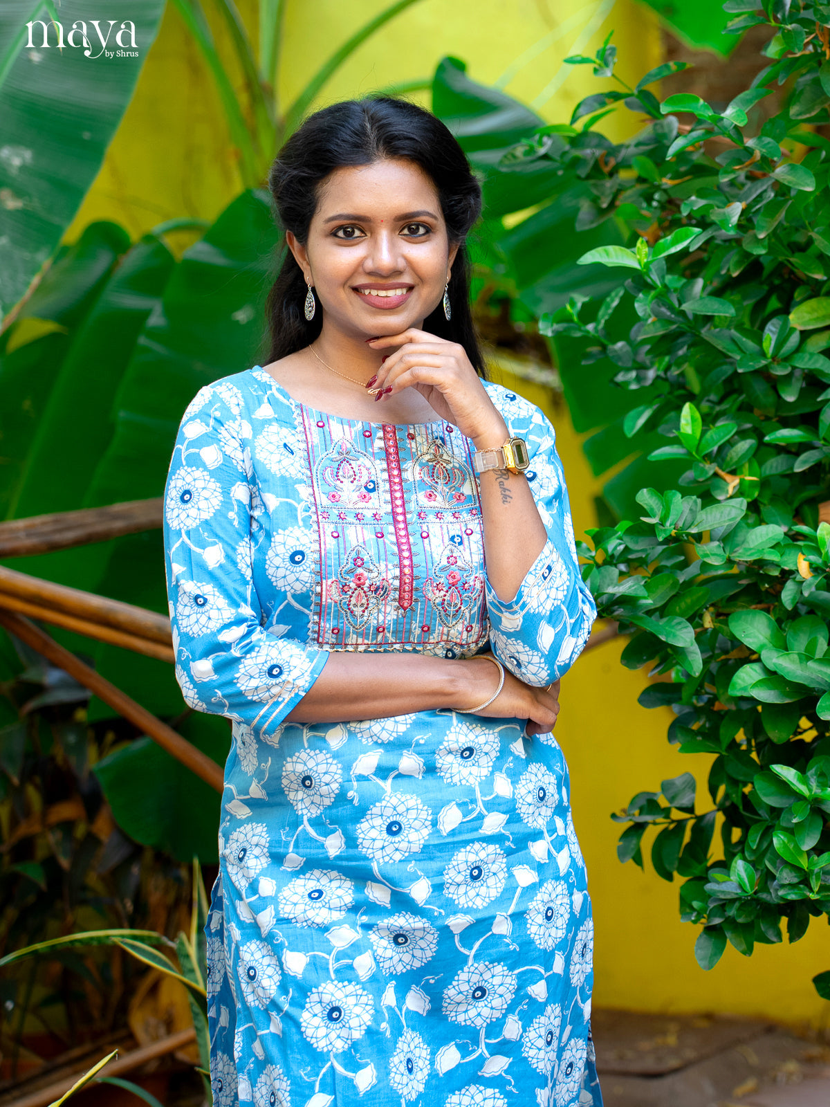 Blue Cotton 2pc Salwar Suit With Floral Print - Top & Bottom