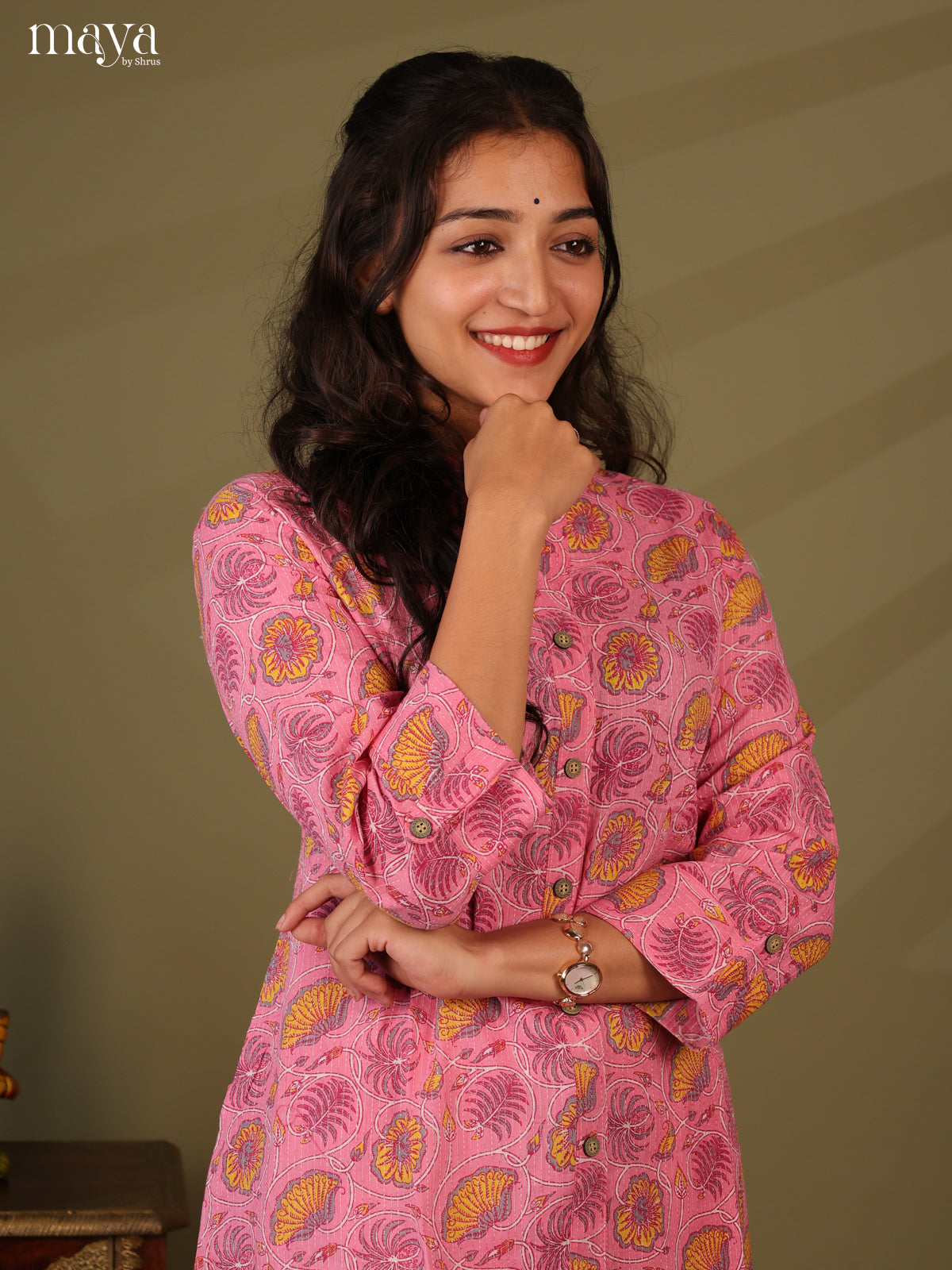 Pink Cotton Floral Print Kurti With Kantha Work