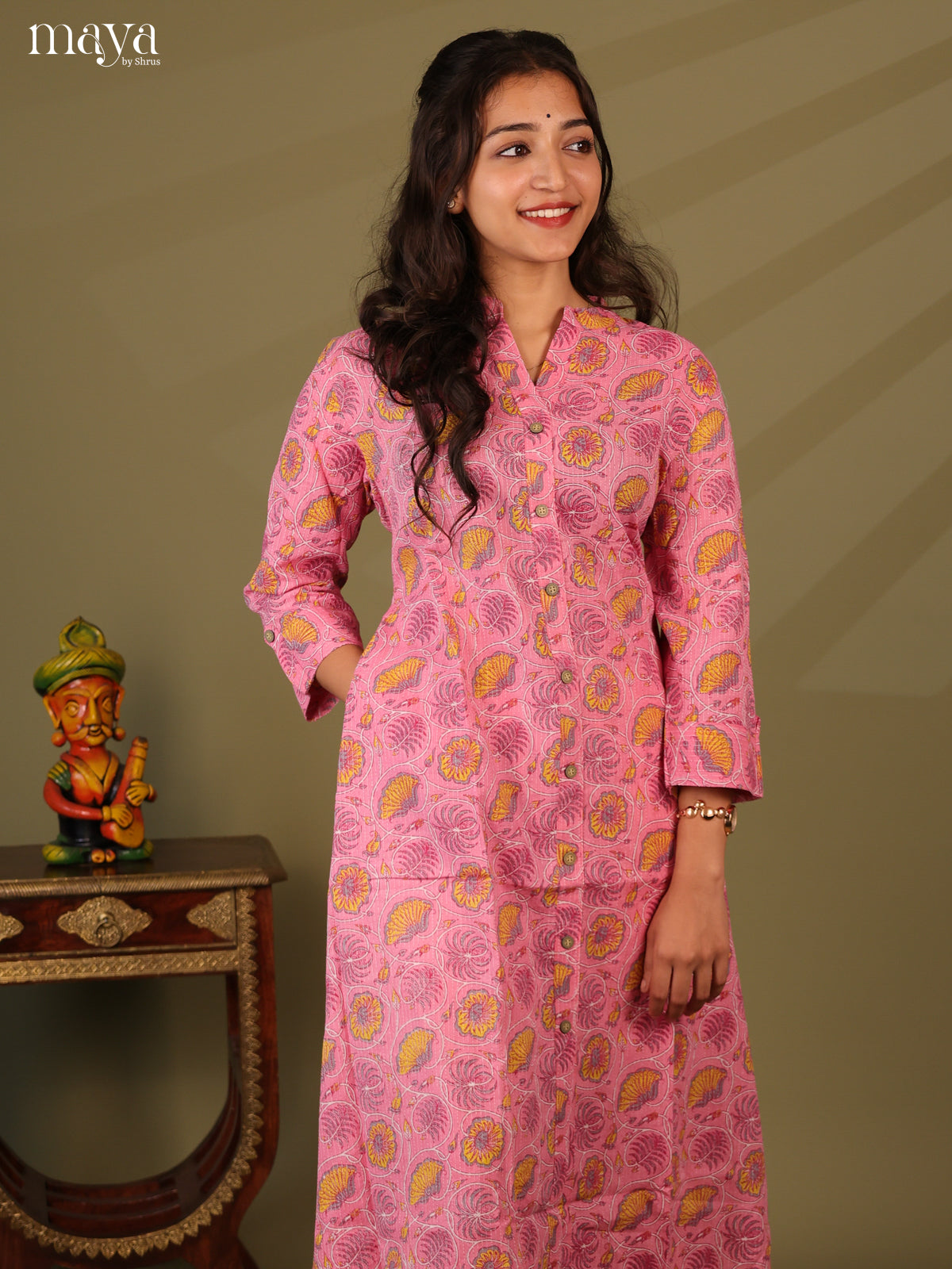 Pink Cotton Floral Print Kurti With Kantha Work