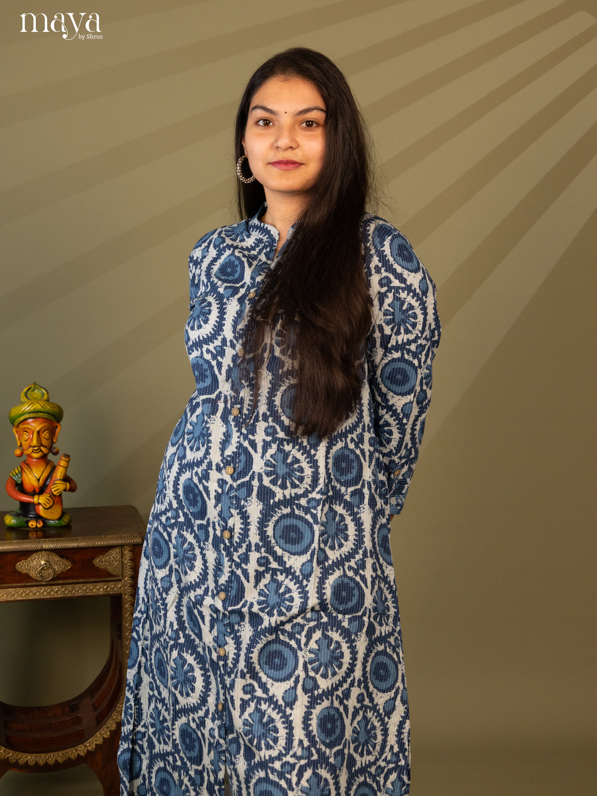 Blue Cotton Floral Print Kurti With Kantha Work