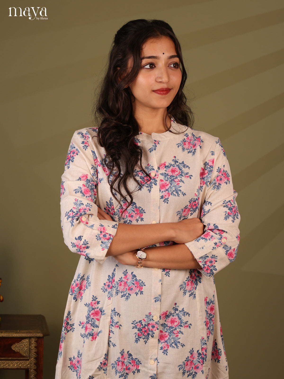 Floral Printed Cream Cotton Kurti