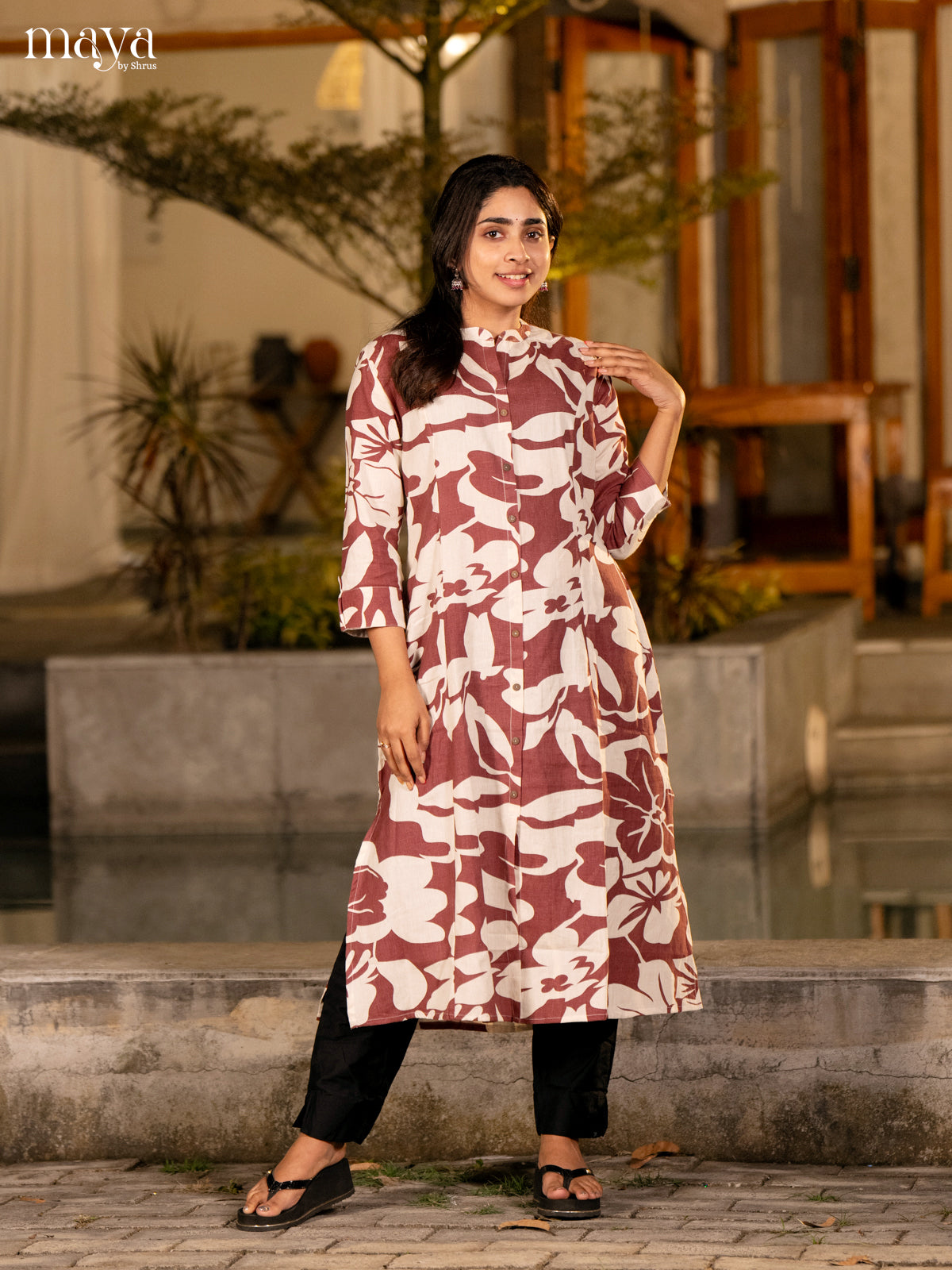 Cream Floral Printed Cotton Kurti