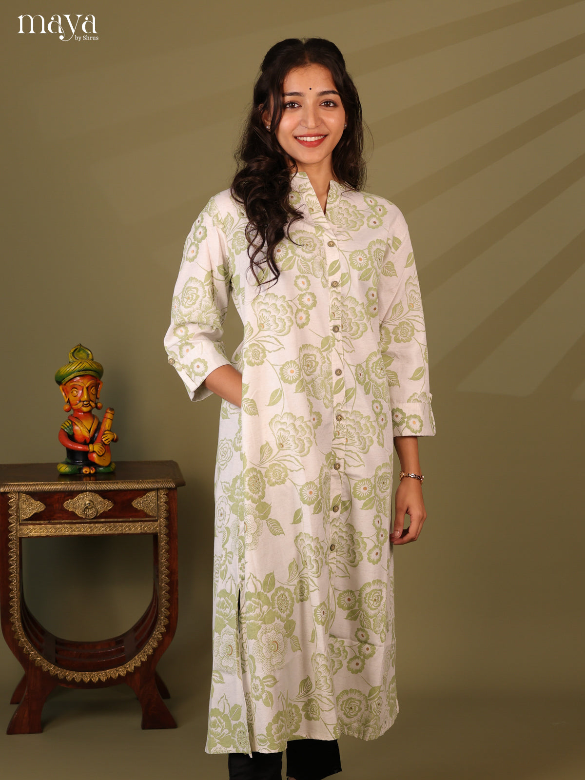 Floral Printed White Cotton Kurti