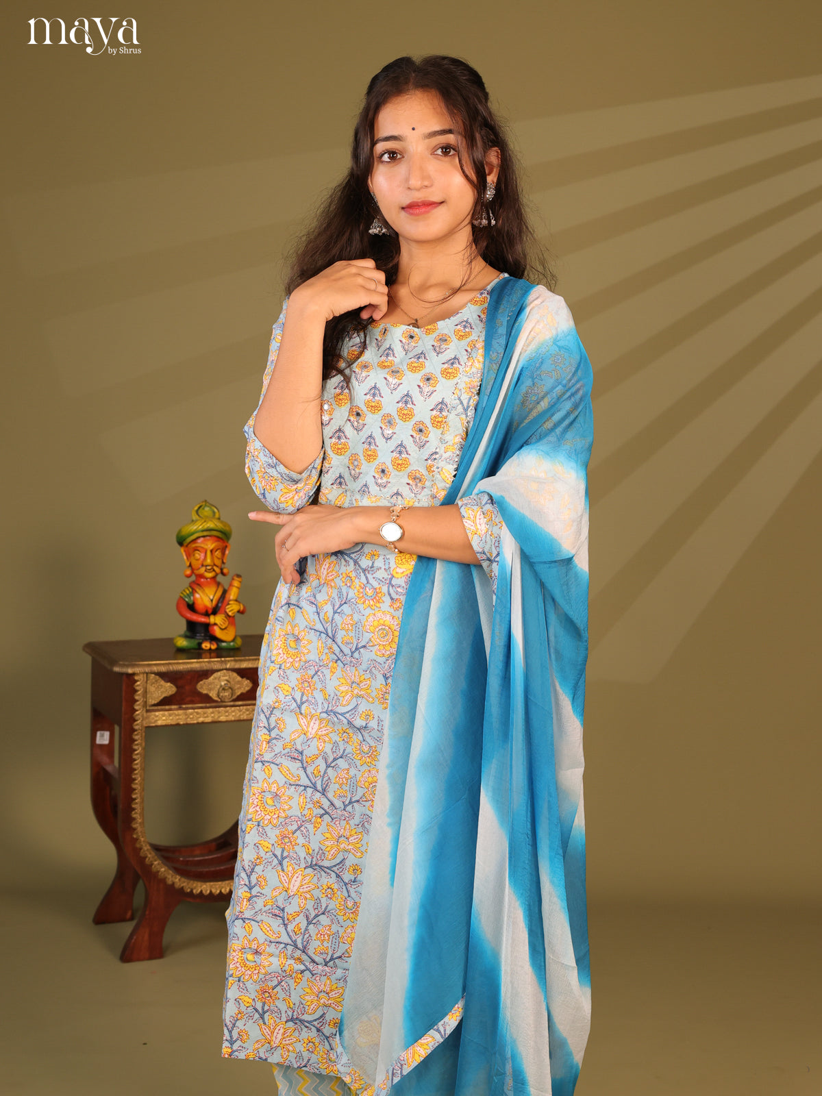Blue Cotton 3pc Salwar Suit With Floral Print - Top, Bottom & Dupatta