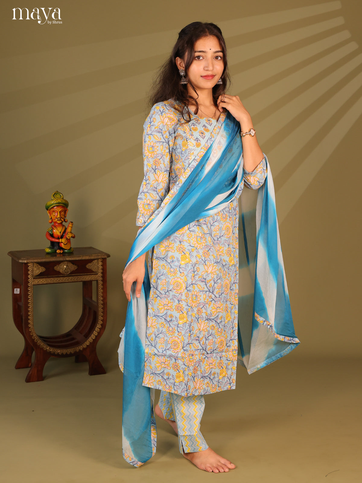 Blue Cotton 3pc Salwar Suit With Floral Print - Top, Bottom & Dupatta