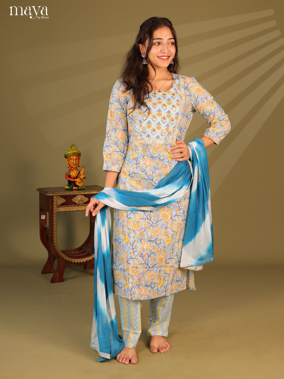 Blue Cotton 3pc Salwar Suit With Floral Print - Top, Bottom & Dupatta