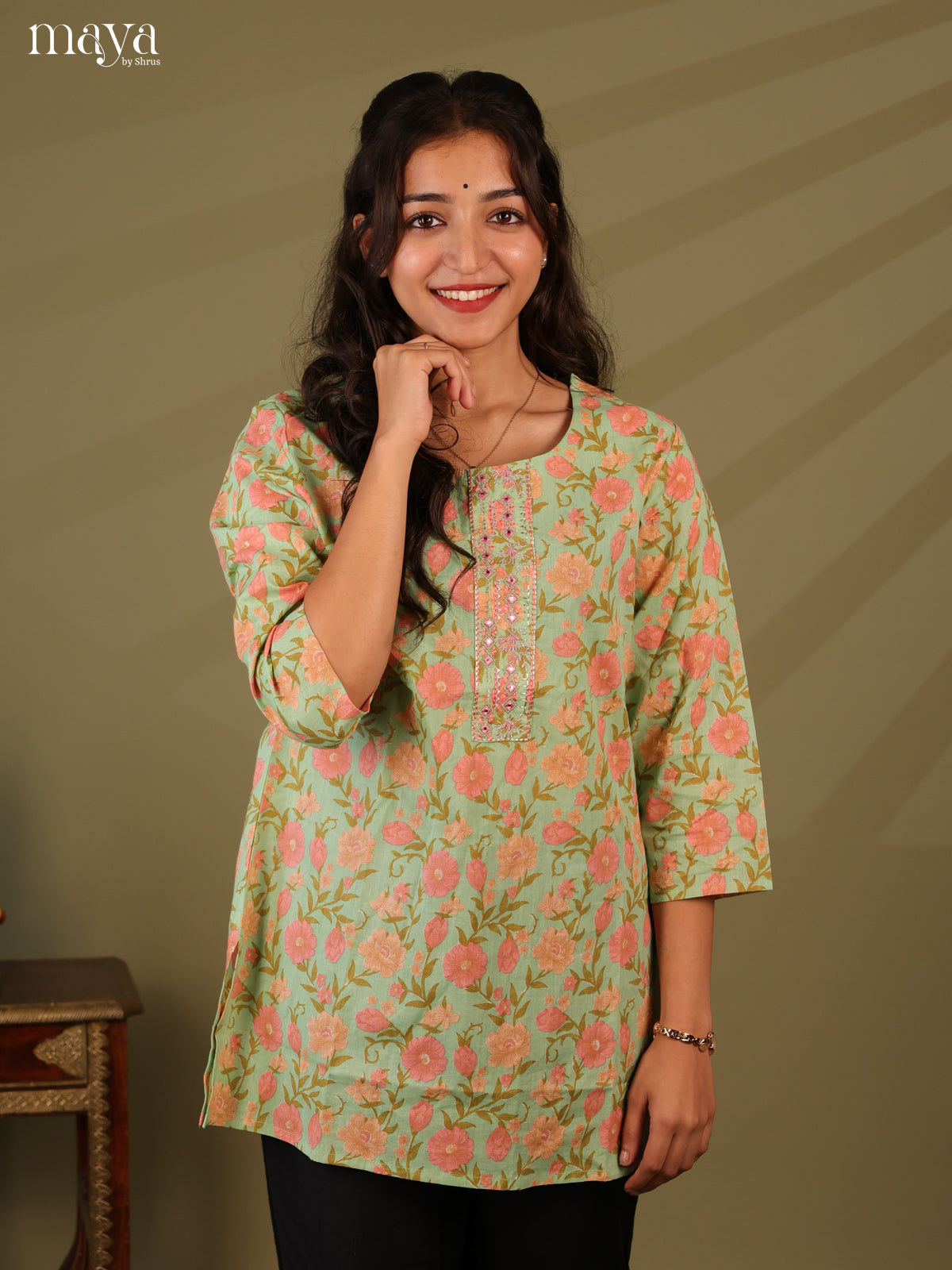 Floral Printed Green Cotton Short Kurti