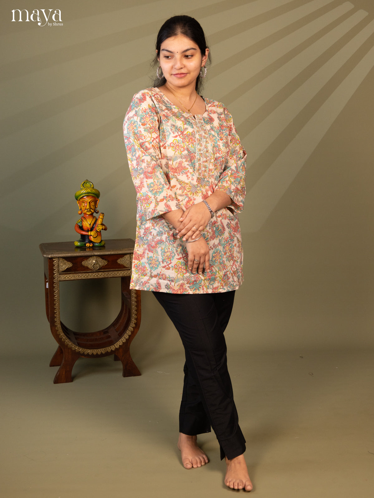 Floral Printed Cream Cotton Short Kurti