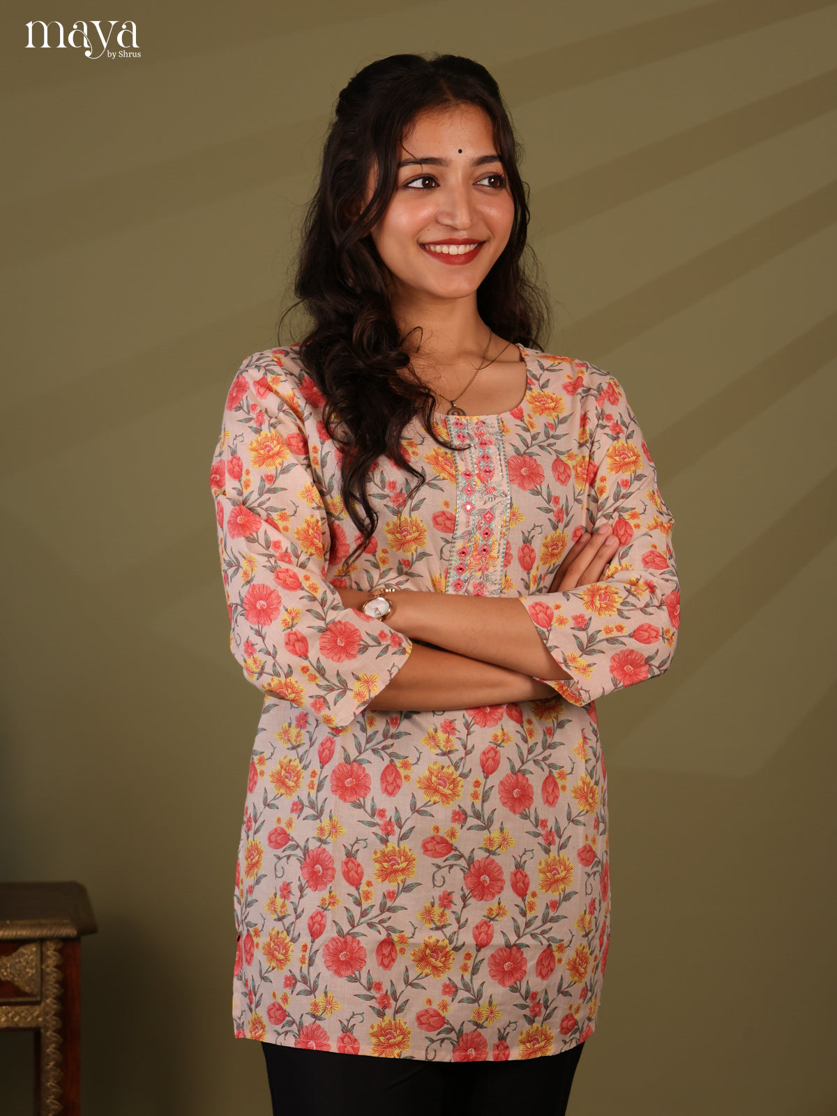 Floral Printed Mauve Cotton Short Kurti