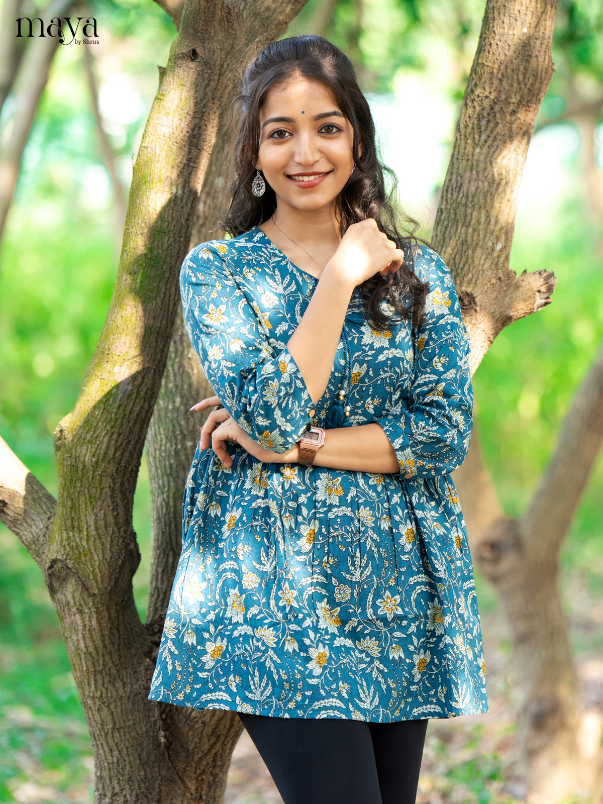 Floral Printed Blue Cotton Short Kurti