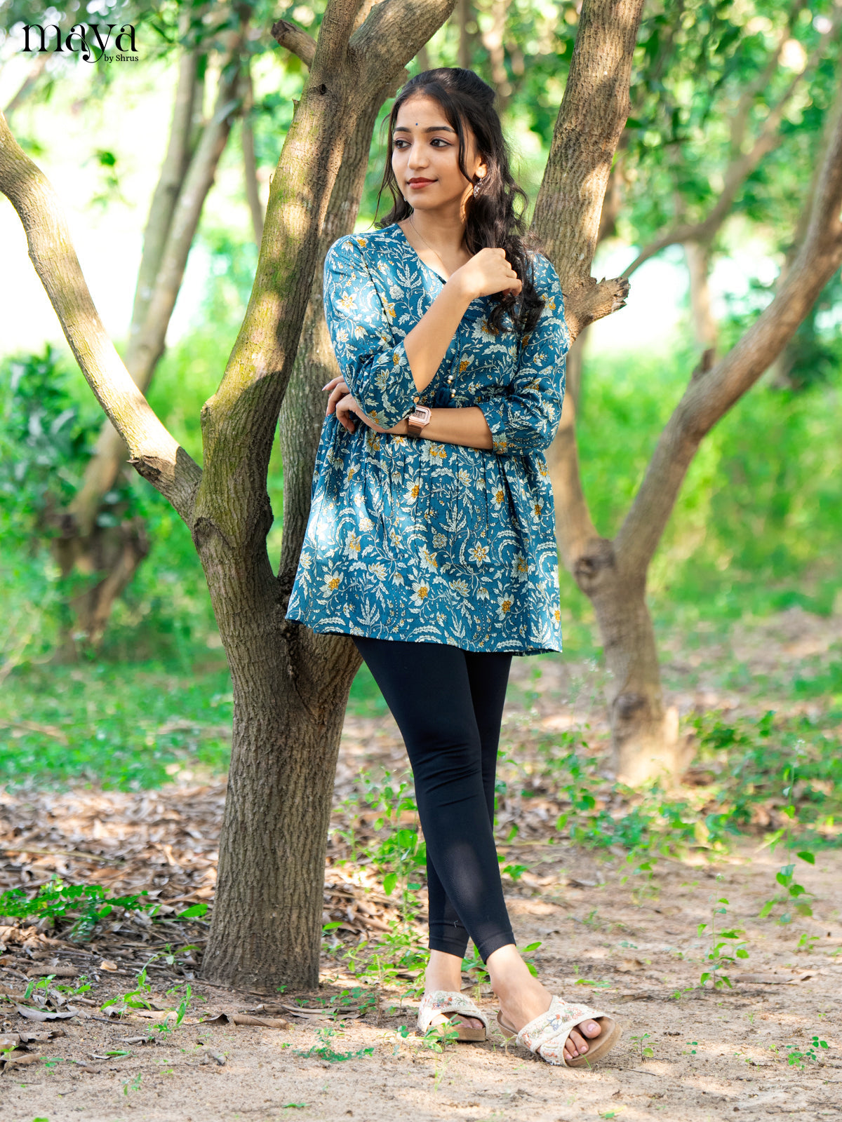 Floral Printed Blue Cotton Short Kurti