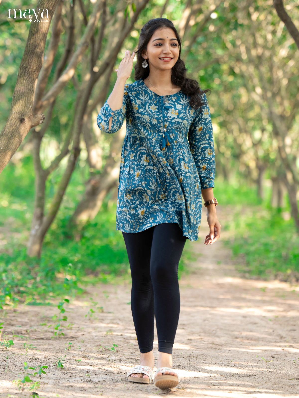 Floral Printed Blue Cotton Short Kurti