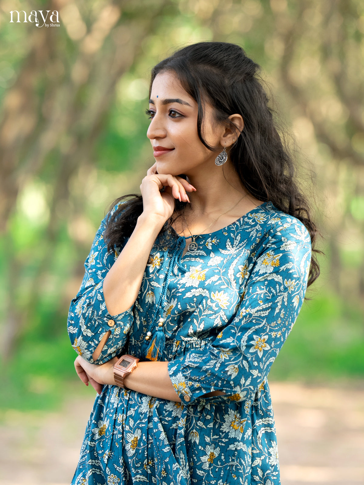 Floral Printed Blue Cotton Short Kurti