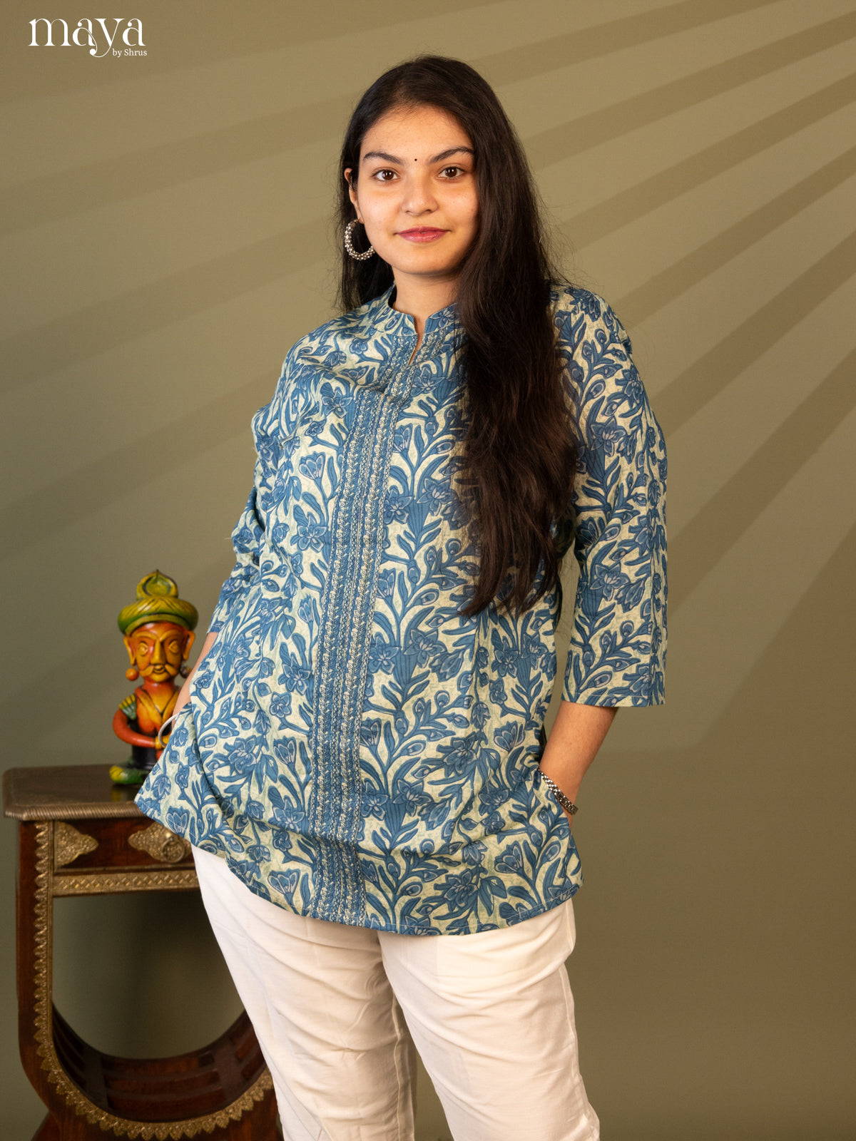 Floral Printed Blue Cotton Short Kurti