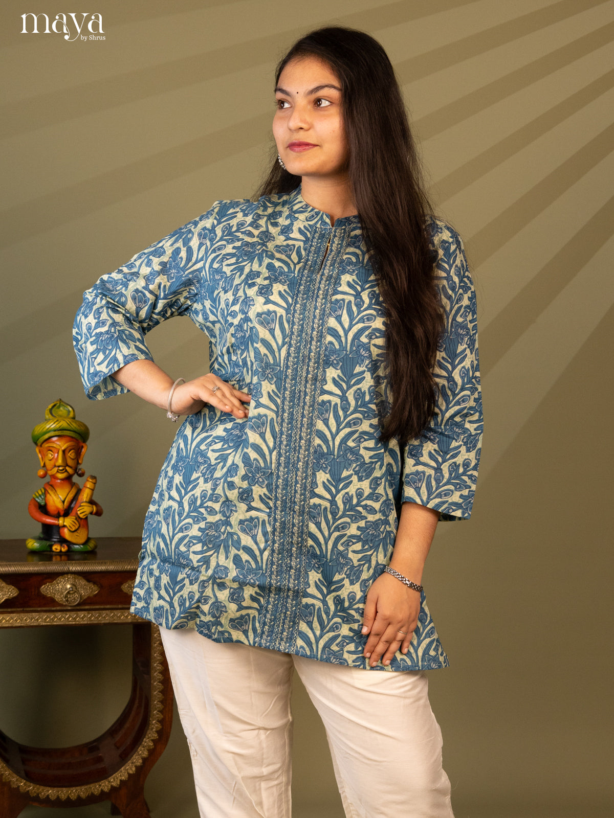Floral Printed Blue Cotton Short Kurti