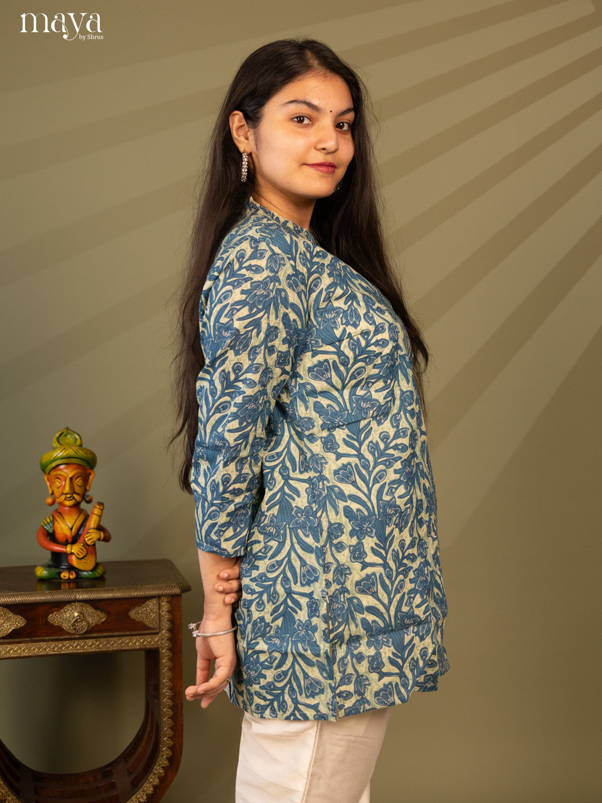 Floral Printed Blue Cotton Short Kurti