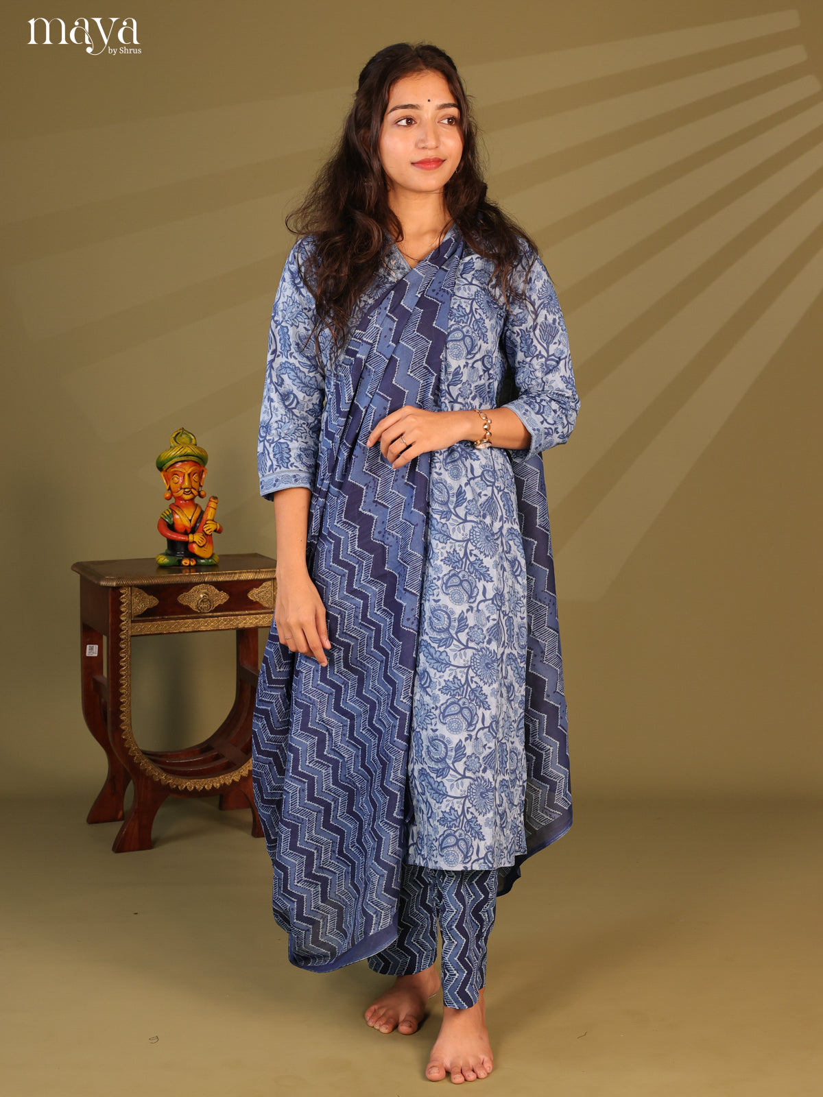 Blue Cotton 3Pc Salwar Suit with Floral Print - Top, Bottom & Dupatta