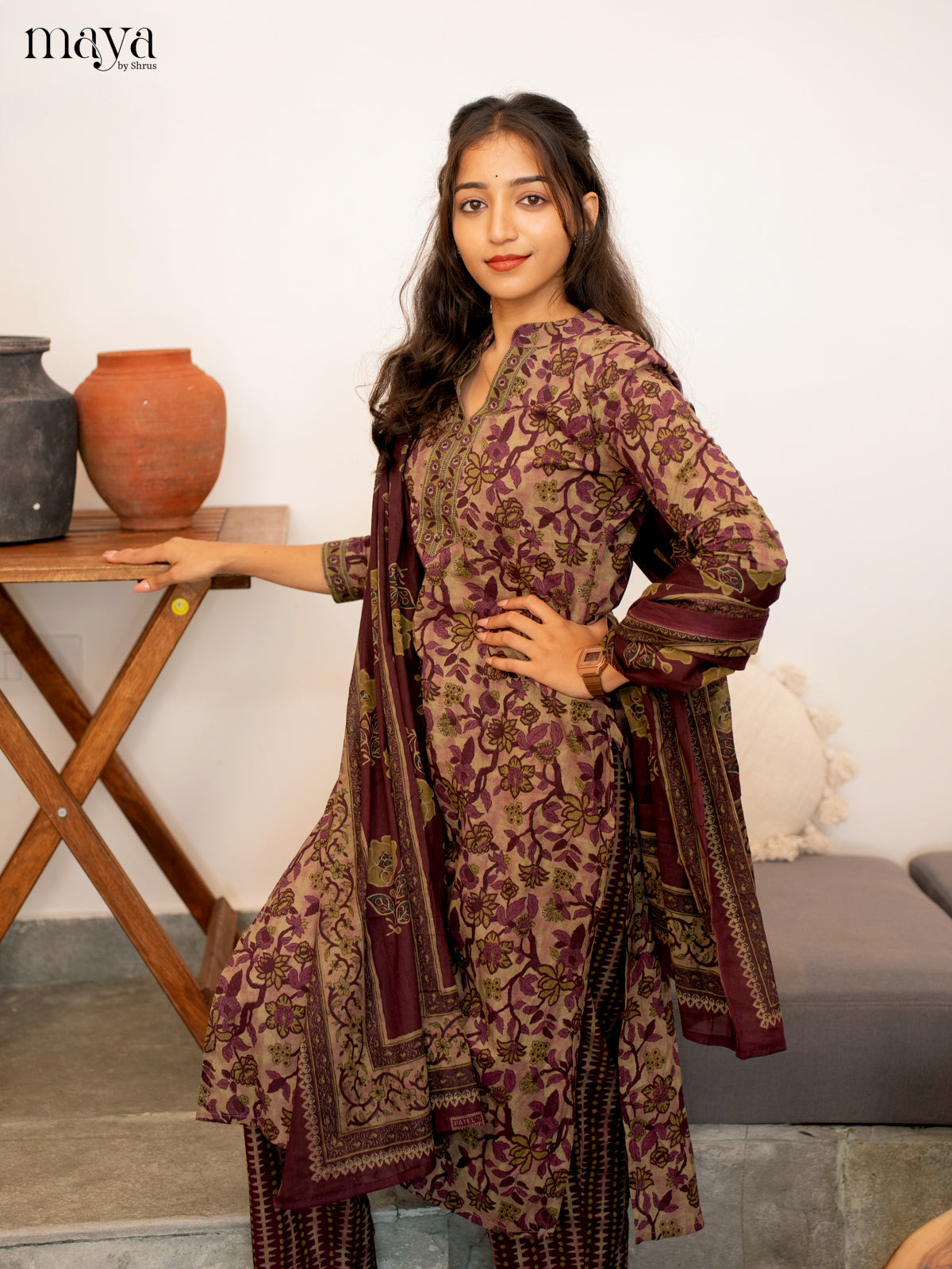 Green With Wine Cotton 3Pc Salwar Suit with Floral Print - Top, Bottom & Dupatta