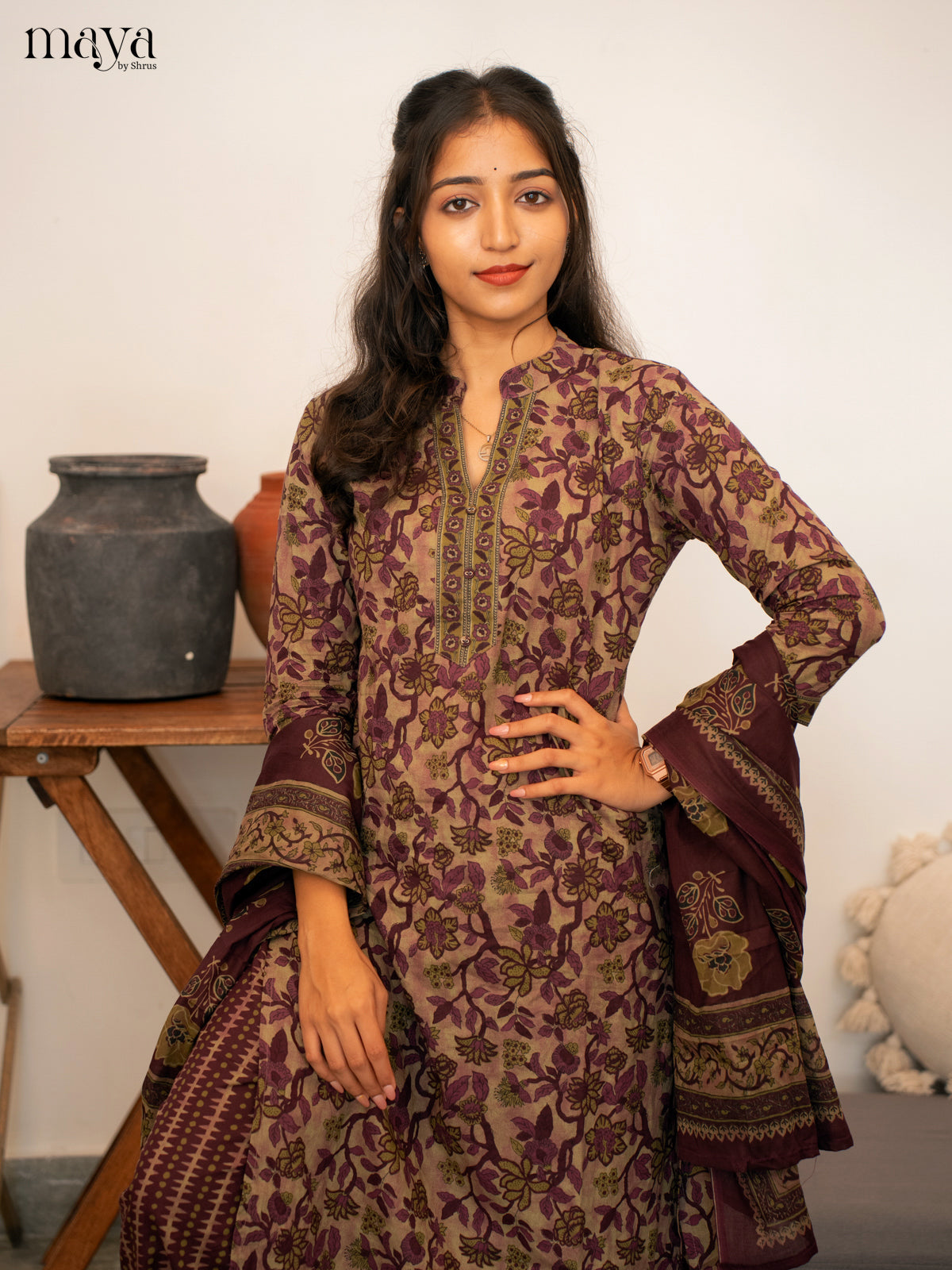 Green With Wine Cotton 3Pc Salwar Suit with Floral Print - Top, Bottom & Dupatta