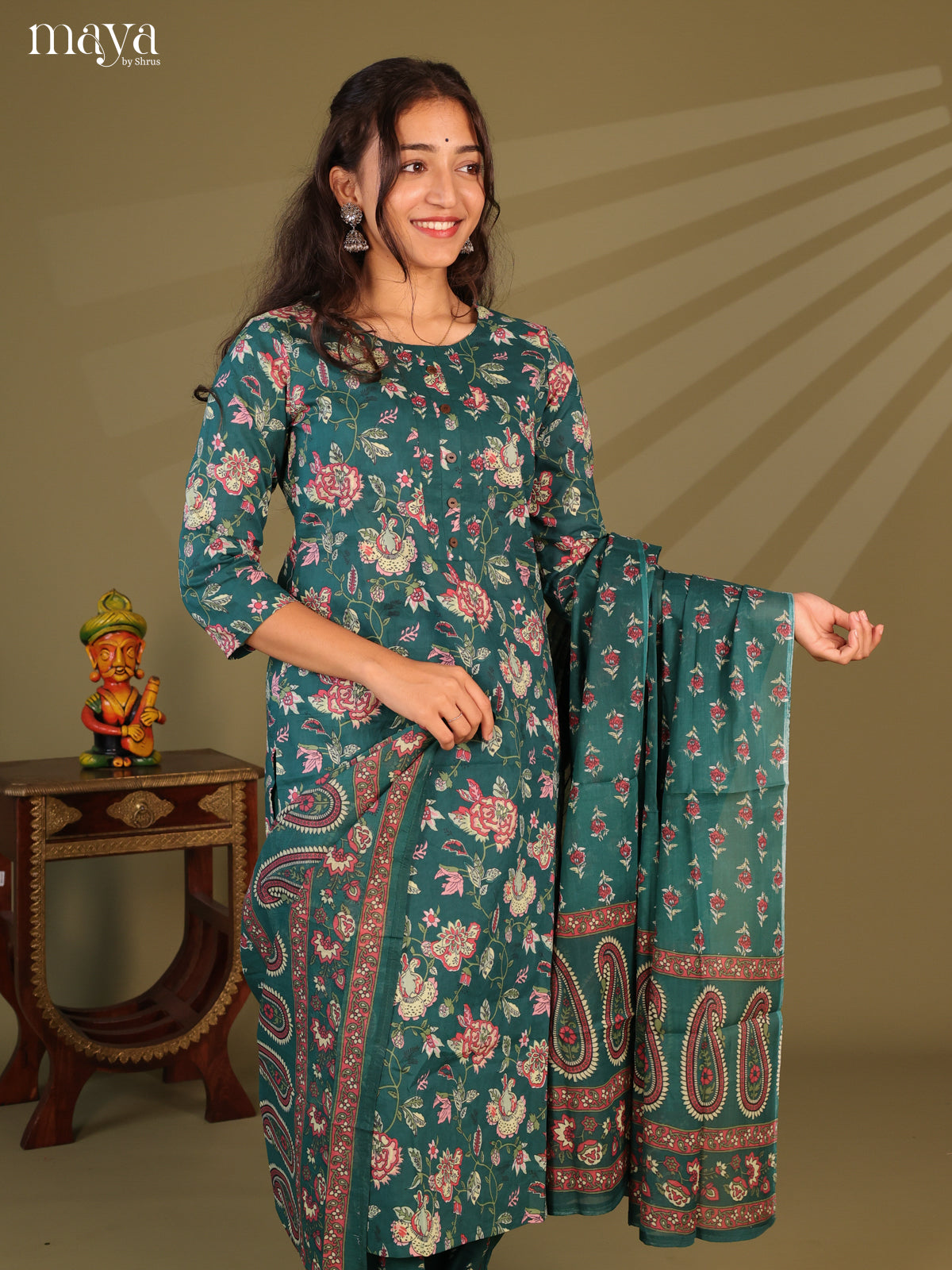 Green Cotton 3Pc Salwar Suit with Floral Print - Top, Bottom & Dupatta
