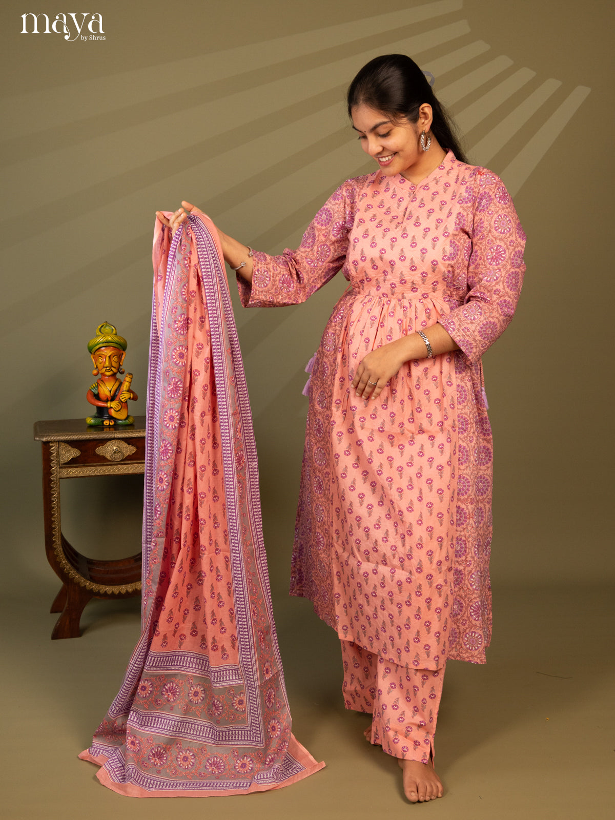 Peach Cotton 3Pc Salwar Suit with Floral Print - Top, Bottom & Dupatta